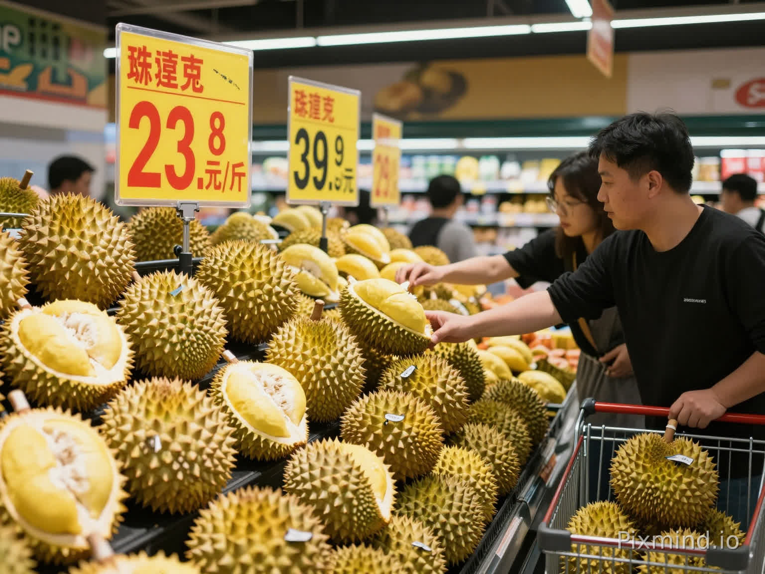 一张写实摄影风格的照片:中国超市水果区,货架上堆满金枕榴莲,黄色价格牌上用红色大字写着"23.8元/斤",价格牌旁边被划掉的旧价格隐约可见"39.9元"。几位顾客的手伸向同一堆榴莲,画面边缘有购物车装满榴莲。暖色调商超灯光,画面中景构图,有生活感和新闻现场感,竖版4:3,适合做今日头条封面配图。画面情绪:既荒诞又真实,带点黑色幽默。