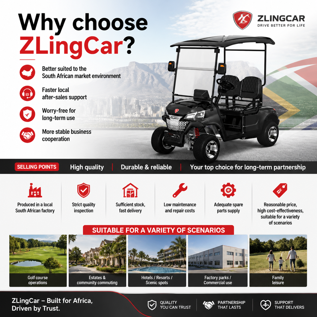 Main Title:Why choose ZLingCar?
Better suited to the South African market environment
Faster local after-sales support
Worry-free for long-term use
More stable business cooperation
Selling Points:High quality | Durable & reliable | Your top choice for long-term partnership
Produced in a local South African factory
Strict quality inspection
Sufficient stock, fast delivery
Low maintenance and repair costs
Adequate spare parts supply
Reasonable price, high cost-effectiveness, suitable for a variety of scenarios
Golf course operations
Estates & community commuting
Hotels / Resorts / Scenic spots
Factory parks / Commercial use
Family leisure
Generate a poster for use at an exhibition.