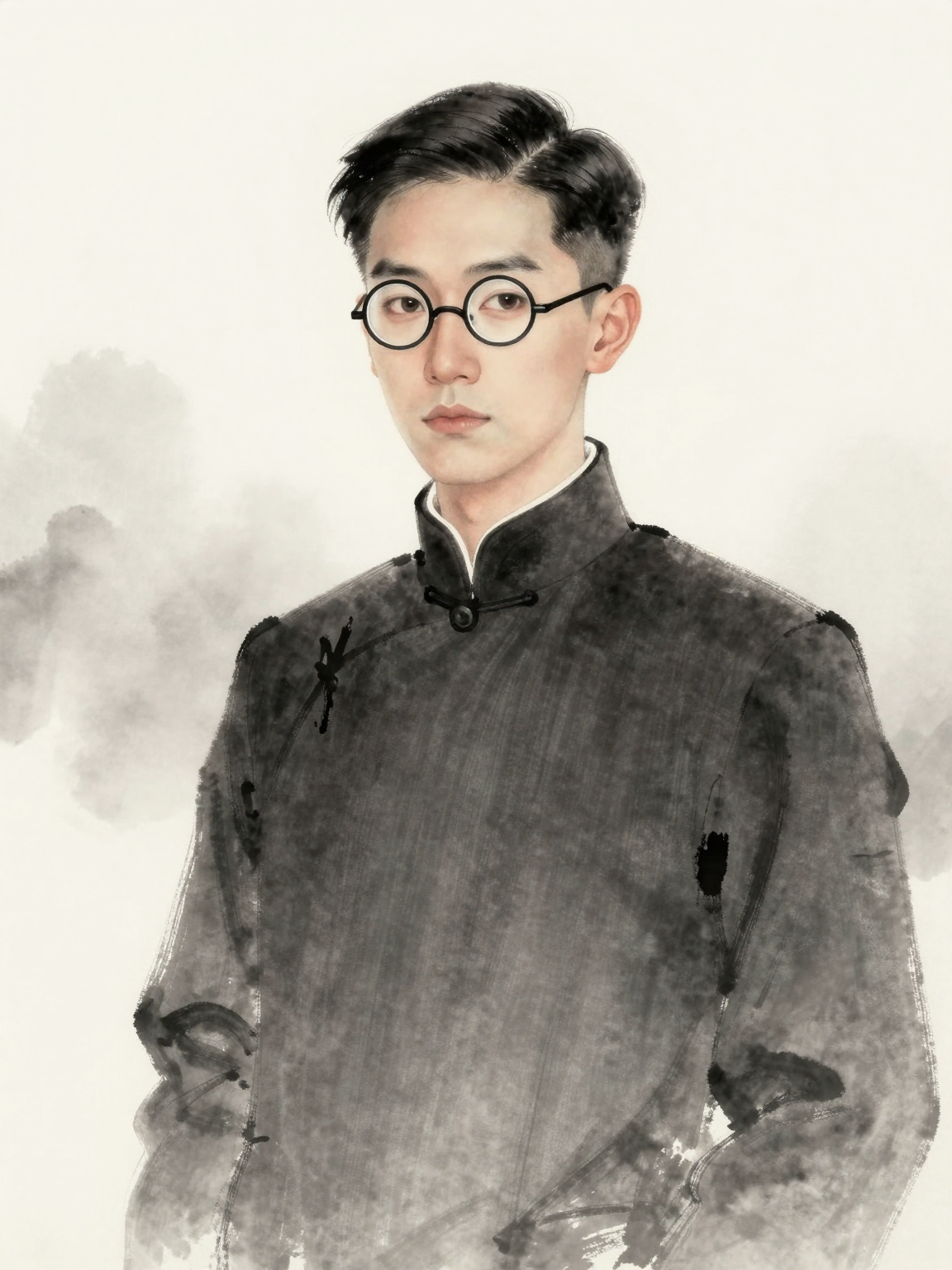 帮我生成图片:民国时期青年知识分子形象,身形清瘦,面容端正,气质文雅克制,短发整齐后梳,佩戴圆框眼镜,五官清秀沉静,肤色偏白,神情温和而略带忧思,穿深色民国西装或朴素长衫,整体书卷气浓厚,举止安静含蓄,正面全身形象,白底背景。
传统中国水墨画,写意国画风格,淡墨晕染,线条苍劲,留白意境,水墨朦胧雾气,写实人物刻画结合写意背景,怀旧温情,素雅清冷色调,电影感构图,高质感,细腻笔触,画面安静克制,民国时期真实生活场景,不奇幻,不夸张,不添加无关人物与情节,整体以黑白灰淡墨为主,仅关键物件可用少量暖色点缀。,比例 「16:9」