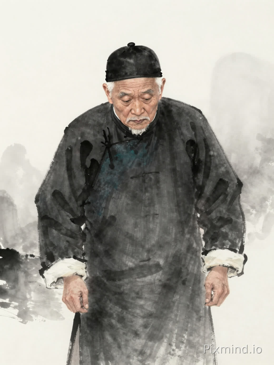 民国时期中老年中国父亲形象,体态微胖偏肥,白发苍苍,面容苍老,脸上有明显皱纹,神情沉稳、朴实、隐忍克制,戴黑布小帽,穿黑布大马褂,内穿深青布棉袍,衣着厚重朴素,动作略显迟缓笨重,但做事认真仔细,整体形象温厚、慈爱、沉默寡言,符合《背影》中父亲形象。
传统中国水墨画,写意国画风格,淡墨晕染,线条苍劲,留白意境,水墨朦胧雾气,写实人物刻画结合写意背景,怀旧温情,素雅清冷色调,电影感构图,高质感,细腻笔触,画面安静克制,民国时期真实生活场景,不奇幻,不夸张,不添加无关人物与情节,整体以黑白灰淡墨为主,仅关键物件可用少量暖色点缀。