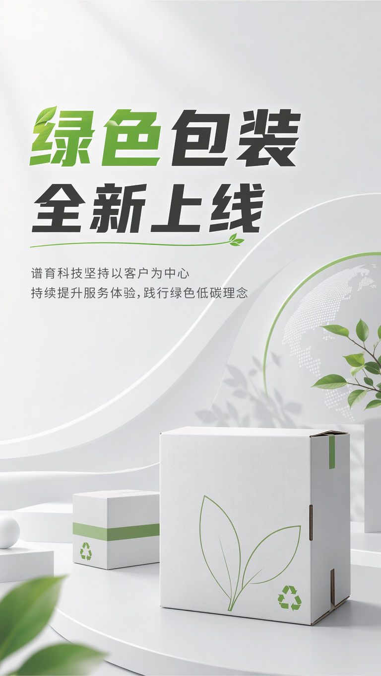需要做一张海报,主标题是“绿色包装 全新上线”,副标题是“谱育科技坚持以客户为中心 持续提升服务体验,践行绿色低碳理念”画面是浅灰白色系,画面一点点绿色做点缀,主标题突出“绿色包装”,不要出现其他文字