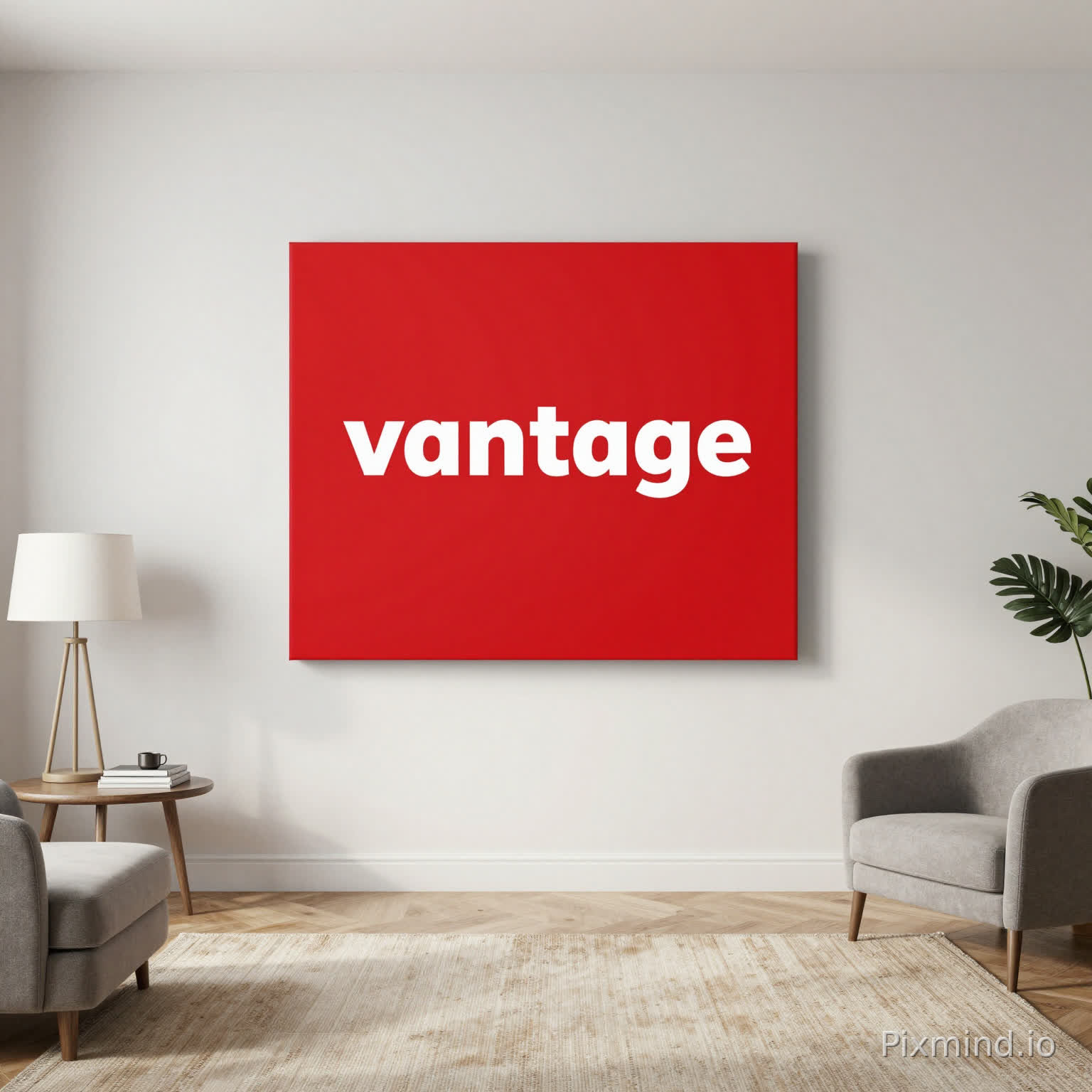 Create a room and have a canvas that’s says vantage it look like realistic make it clean make a little red