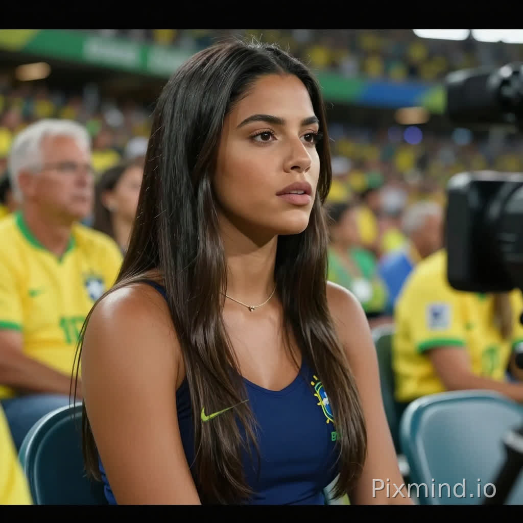Ultra realistic beautiful brazilian woman sitting in a football stadium during Brazil vs Colombia match, live sports broadcast, SportTV style camera, cinematic lighting, crowd blurred in background, wearing dark blue Brazil top, tan skin, long dark hair, realistic skin texture, shallow depth of field, football atmosphere, 85mm lens, broadcast television frame, ultra realistic, natural expression