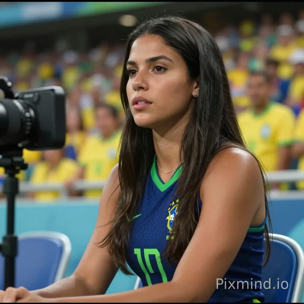 Ultra realistic beautiful brazilian woman sitting in a football stadium during Brazil vs Colombia match, live sports broadcast, SportTV style camera, cinematic lighting, crowd blurred in background, wearing dark blue Brazil top, tan skin, long dark hair, realistic skin texture, shallow depth of field, football atmosphere, 85mm lens, broadcast television frame, ultra realistic, natural expression