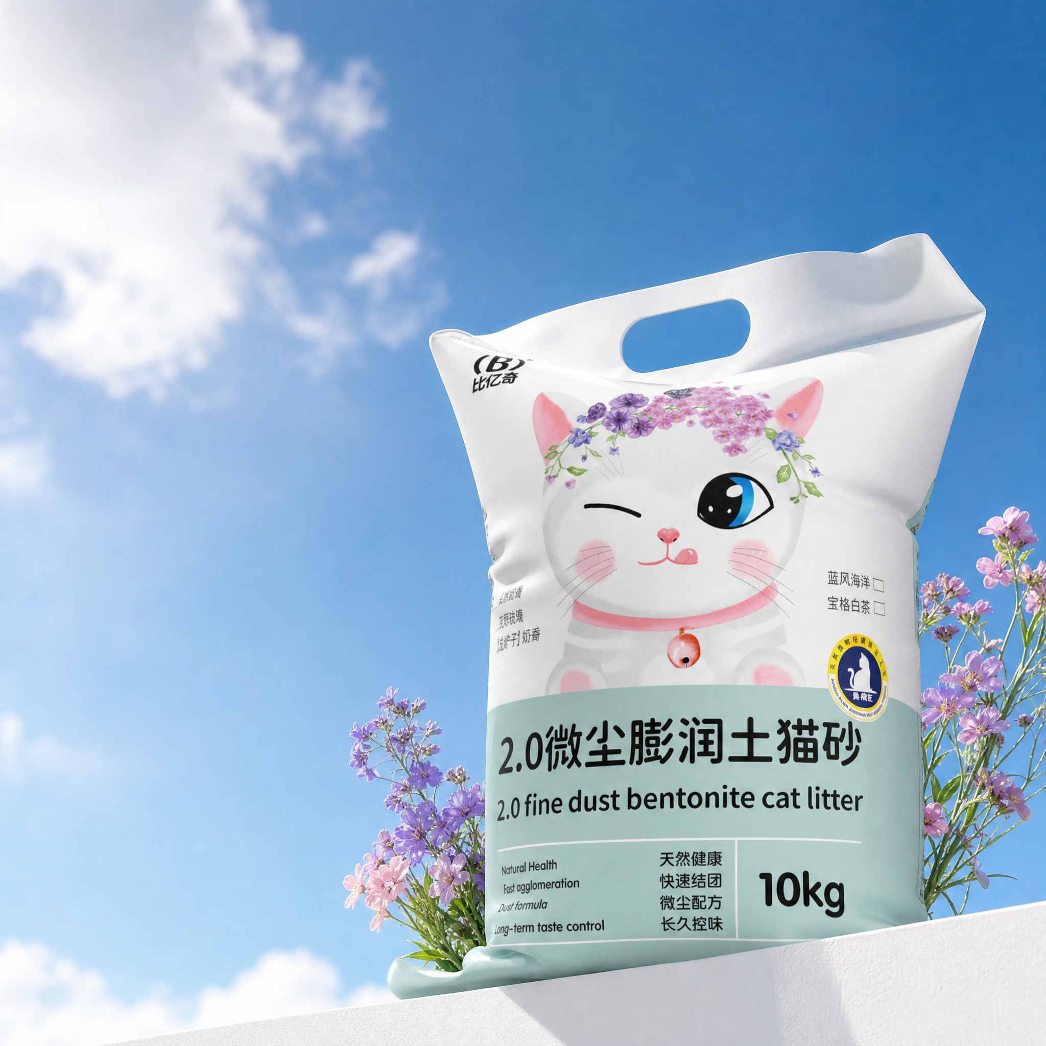 背景是晴朗蓝天背景,有白云,下面一个斜着的白色展示台,上面右边放着我给的包装,包装靠近画面右边,微弱仰视角度,不要改变我包装的透视和角度,包装左右后面有一点点淡紫和淡粉色的花露出来,高清真实摄影,商业摄影,有质感,干净简洁。大自然清爽感