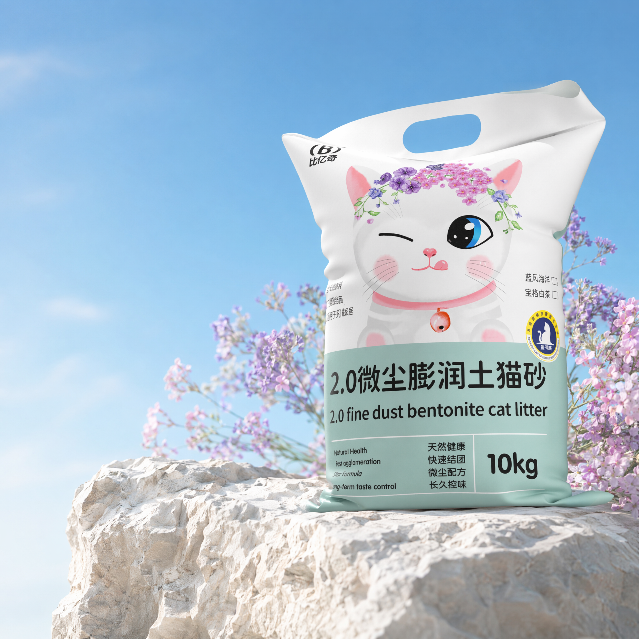 背景是晴朗蓝天背景,下面一个不规则浅色的石头,上面右边放着我给的包装,包装靠近画面右边,不要改变我包装的透视和角度,包装左右后面有一点点淡紫和淡粉色的花漏出来,高清真实摄影,商业摄影,有质感,干净简洁。大自然清爽感