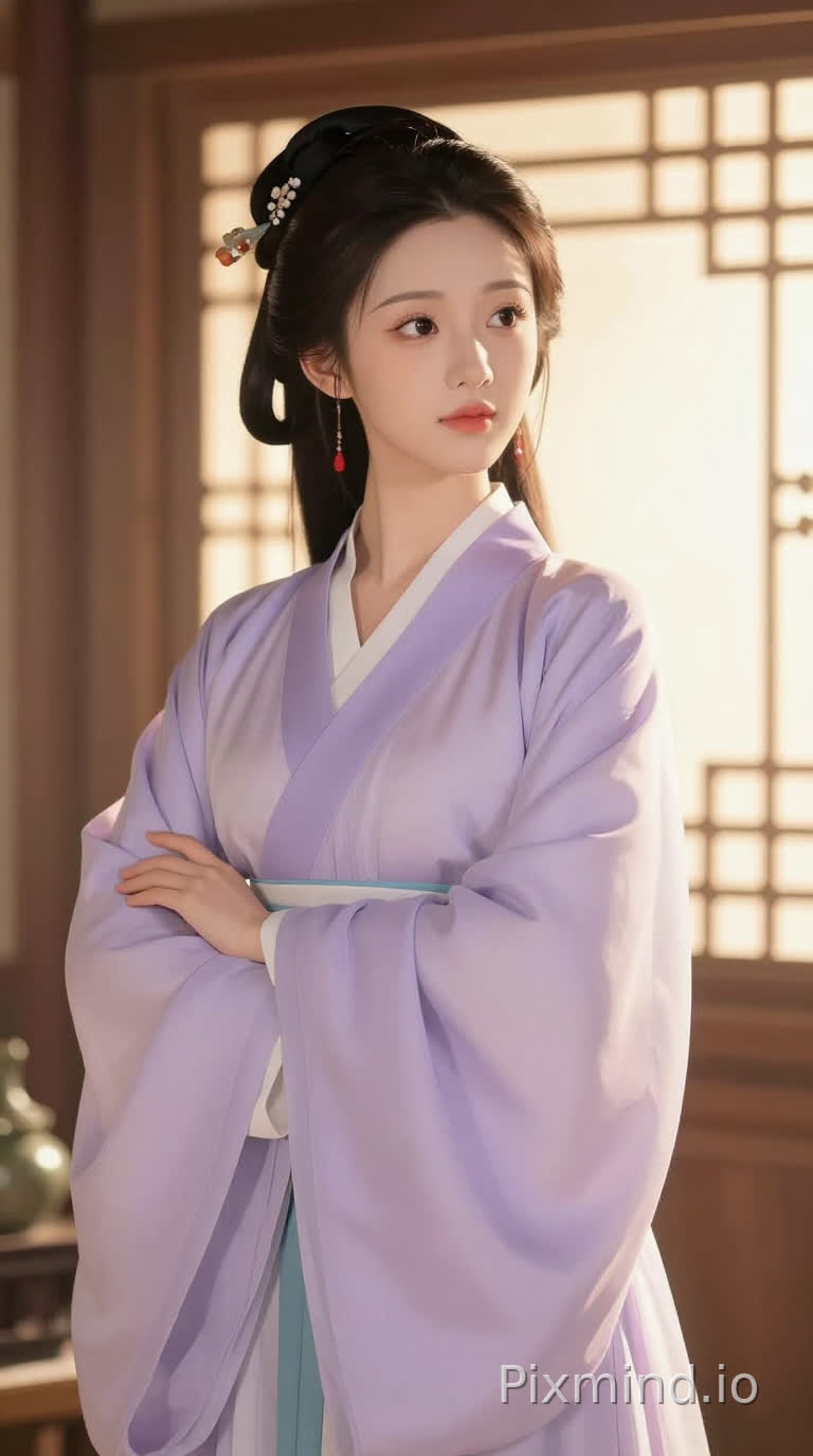 A full-body illustration of a young East Asian woman in a traditional Chinese-style garment, posed gracefully with her arms crossed over her chest. She has fair skin, delicate facial features, and large, expressive eyes with long lashes, gazing slightly upward with a soft, serene expression. Her dark hair is styled in an elegant updo adorned with a red tassel and ornate hairpins. She wears a flowing, light lavender outer robe over a white undergarment, cinched at the waist with a teal sash. The lighting is soft and warm, with golden sunlight filtering through a traditional latticed window behind her, creating a gentle glow and subtle shadows. The background features a minimalist interior with wooden beams and architectural details, evoking a tranquil, historical atmosphere. The art style is a polished digital illustration with smooth shading, clean lines, and a slightly stylized aesthetic, blending realism with anime-inspired proportions and a dreamy, romantic mood. The composition emphasizes elegance and cultural authenticity, with a focus on the interplay of light, fabric, and expression.