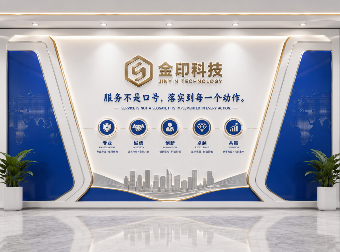 【平面设计提示词 【金印科技】【金融行业行业】 - 企业形象墙】
辅助信息:服务不是口号,落实到每一个动作。
【视角要求 - 正面视角】
⚠️ 展示项目正面视角效果,正面全景图展示整体效果。
设计类型:企业形象墙
布局方式:居中对称
视觉风格:现代简约风格,简洁线条,扁平设计
主色调:tech blue + noble gold | 辅助色:pure white + silver
参考风格:极简主义
画面比例:16:9 横版
材质:亚克力板、不锈钢
工艺:烤漆、背光照明
预算档次:中配(标准版)(350-600元/㎡)
推荐材质:宣绒布/不锈钢/发光字
推荐工艺:3D浮雕打印/背发光/烤漆
档次说明:品质优良,有立体感,适合成长型企业
═══════════════════════════════════
【立体感要求 - 重要!】
═══════════════════════════════════
⚠️ 必须是3D立体效果图,不是纯平面设计!
立体效果要点:
• 展示材质本身的厚度感(如金属边框、立体字、凹凸纹理)
• 合理的光影关系:亮部高光、暗部阴影,塑造立体层次
• 材质质感表现:金属反光、亚克力透光、木纹纹理等
• 前景、中景、背景的虚实关系,营造空间深度
• 避免纯2D平面效果,所有元素应有明显的立体感
═══════════════════════════════════
【设计元素】
═══════════════════════════════════
企业品牌元素、专业排版、清晰图标、均衡的视觉层次、充足的留白空间、高对比度文字(可读性强)
═══════════════════════════════════
【构图传达】
═══════════════════════════════════
专业感、现代感、企业认同、简洁美学、品牌价值
═══════════════════════════════════
【技术规格】
═══════════════════════════════════
印刷-ready、CMYK色彩模式、矢量友好元素、适当的出血区域、专业的完工艺