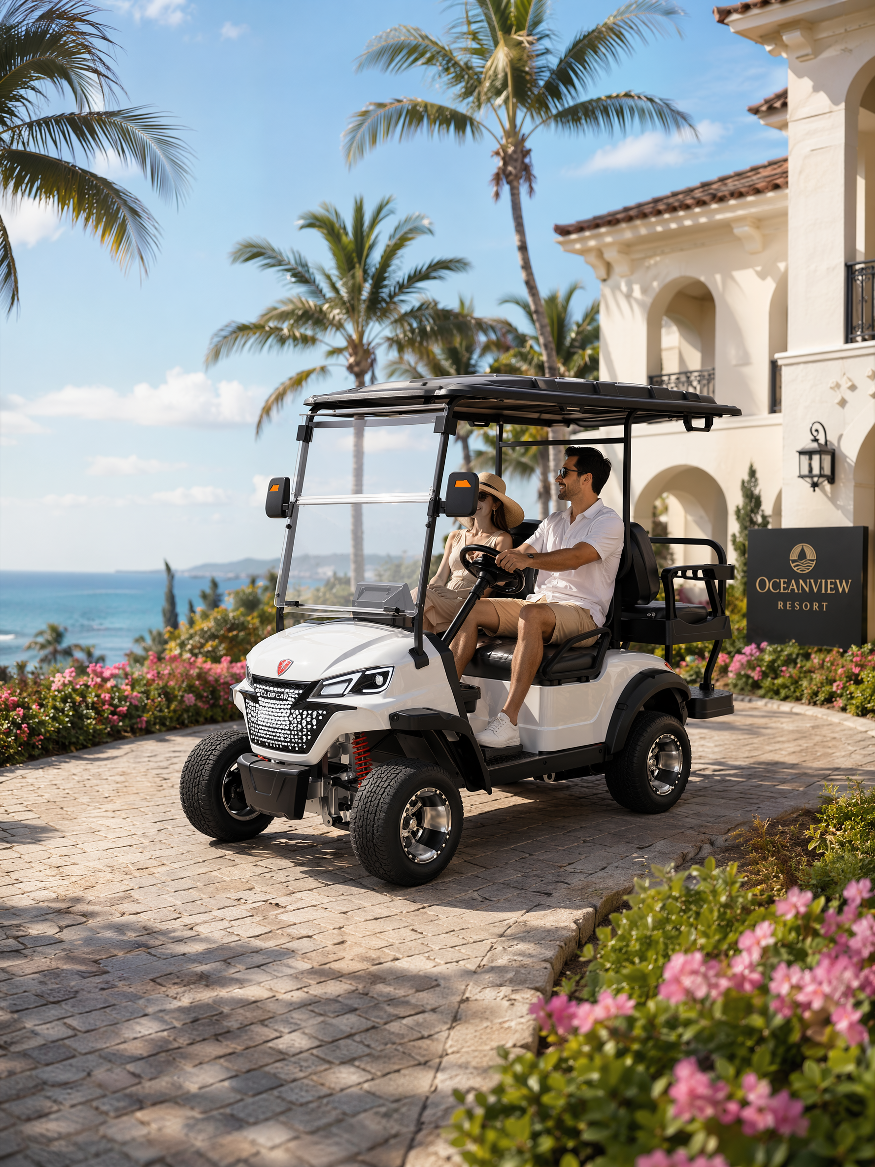Generate an image of a golf cart being used in a hotel / resort / scenic area. The scene should be harmonious, well-composed, and aesthetically pleasing.
