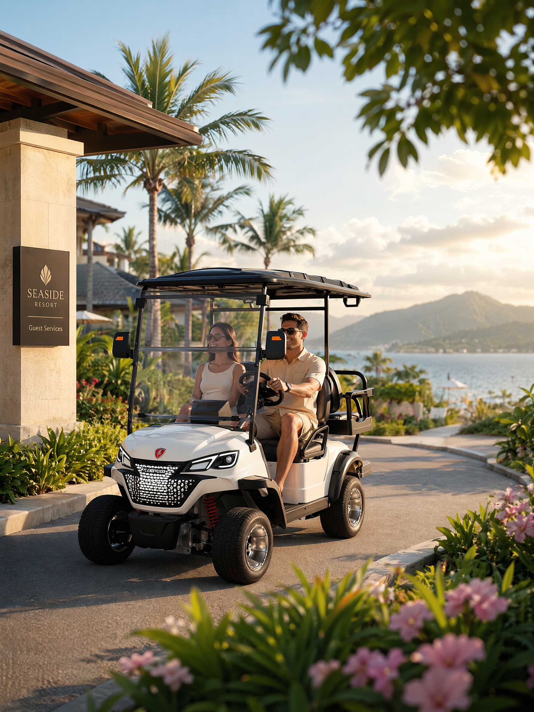 Generate an image of a golf cart being used in a hotel / resort / scenic area. The scene should be harmonious, well-composed, and aesthetically pleasing.