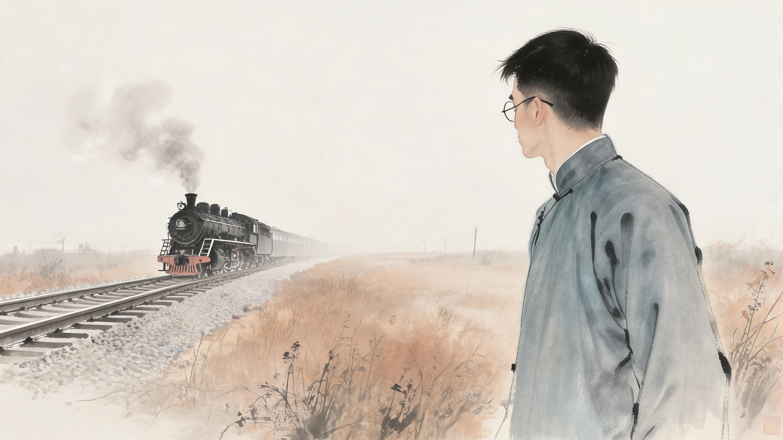 参考图1朱自清形象,生成以下分镜图片:深秋旷野,铁轨延伸向远方,灰蒙蒙的天空,一辆老式蒸汽火车冒着白烟缓缓驶向远处;前景右侧是中年朱自清的侧脸剪影,他低着头,缓缓抬起眼望向铁轨尽头,眼神充满思念与怅惘。写实水彩,低饱和度,淡赭石色为主。
传统中国水墨画,写意国画风格,淡墨晕染,枯笔线条,水墨留白意境,宣纸质感,墨色层次丰富,清冷素雅色调,仅局部暖色调点缀,雾气朦胧氛围,怀旧电影感,写意工业场景,工笔质感,东方叙事美学,8K 高细节,柔和散射光,冷调光影,传统国画构图