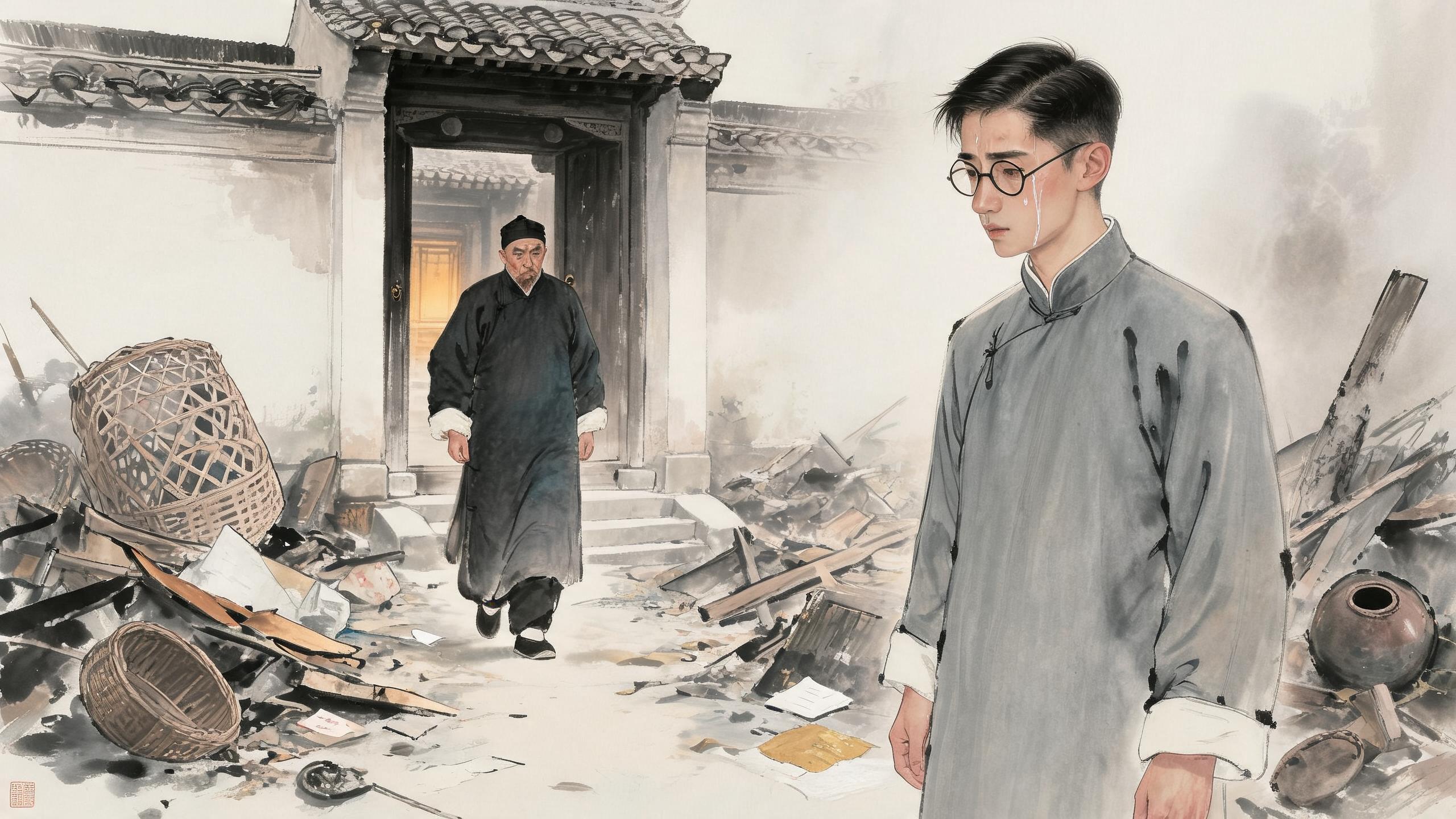 参考图1父亲形象,图2朱自清形象,生成以下分镜图片:
民国徐州老宅院子,遍地狼藉杂物;青年朱自清站院中流泪,父亲从屋门走出,身穿旧棉袍,面容憔悴但目光坚定,朝朱自清走来。写实水彩,灰暖色调。
传统中国水墨画,写意国画风格,淡墨晕染,枯笔线条,水墨留白意境,宣纸质感,墨色层次丰富,清冷素雅色调,仅局部暖色调点缀,雾气朦胧氛围,怀旧电影感,写意工业场景,工笔质感,东方叙事美学,8K 高细节,柔和散射光,冷调光影,传统国画构图