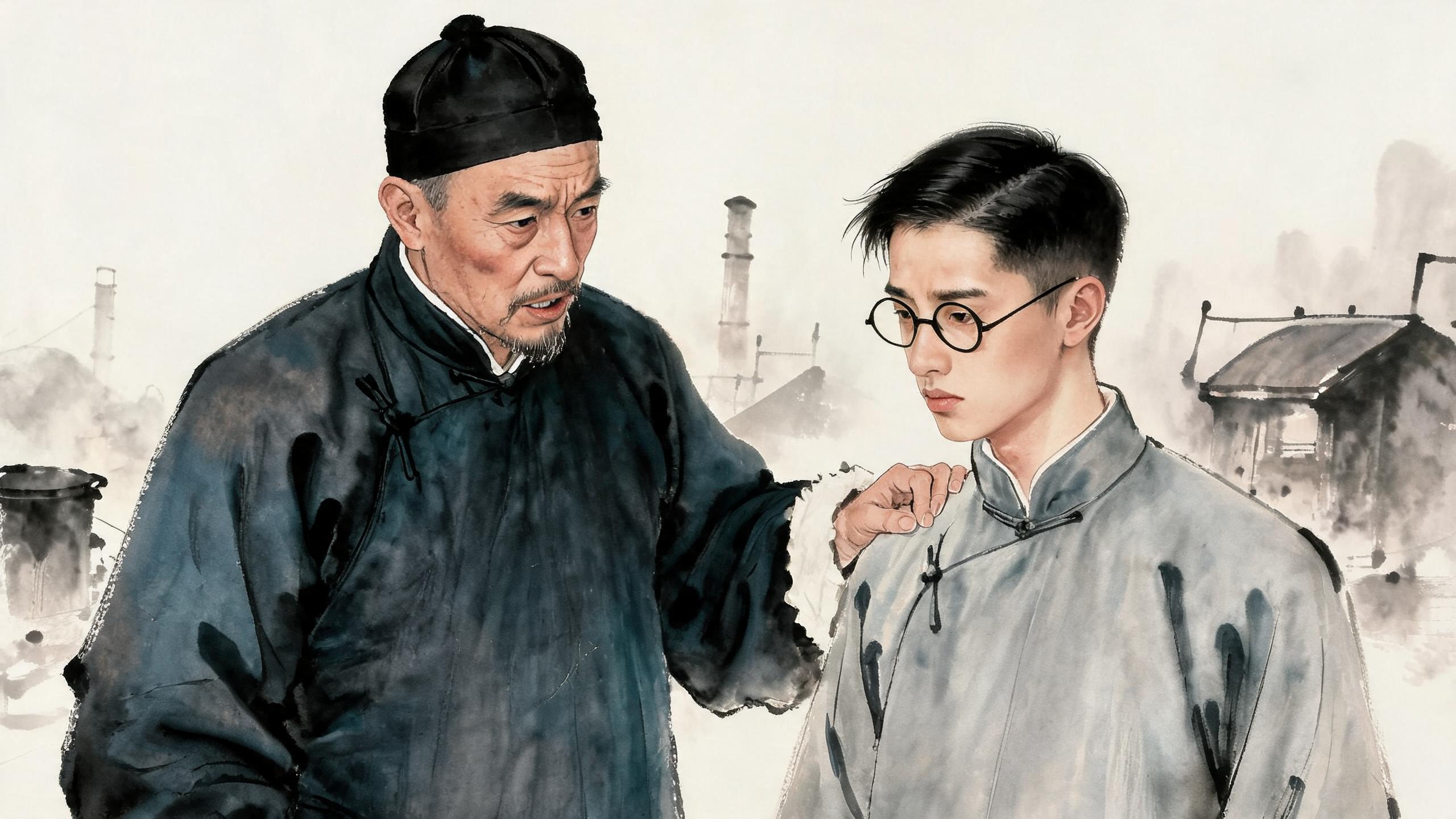 参考图1父亲形象,图2朱自清形象,生成以下分镜图片:父亲站在朱自清身旁,一只手轻轻拍在朱自清肩膀上,嘴唇微动,神情平静而有力。中近景,写实水彩。传统中国水墨画,写意国画风格,淡墨晕染,枯笔线条,水墨留白意境,宣纸质感,墨色层次丰富,清冷素雅色调,仅局部暖色调点缀,雾气朦胧氛围,怀旧电影感,写意工业场景,工笔质感,东方叙事美学,8K 高细节,柔和散射光,冷调光影,传统国画构图