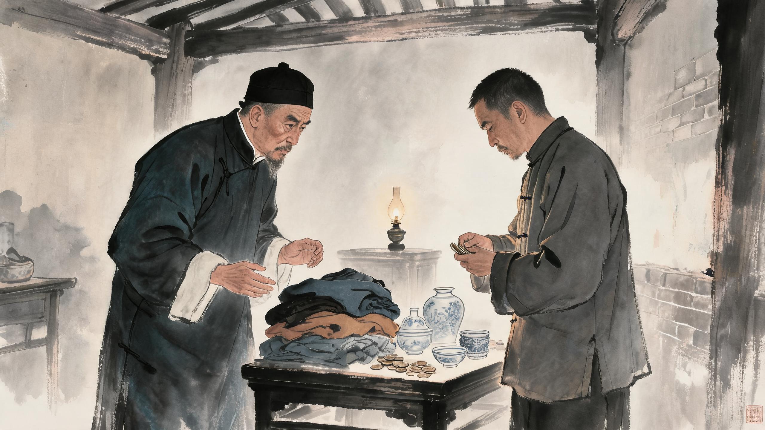 参考图1父亲形象,生成以下分镜图片:老式屋内,旧木桌堆满典当衣物和瓷器;父亲躬身站立,对面买主数铜板,父亲手微微发抖。写实水彩,昏暗光线。传统中国水墨画,写意国画风格,淡墨晕染,枯笔线条,水墨留白意境,宣纸质感,墨色层次丰富,清冷素雅色调,仅局部暖色调点缀,雾气朦胧氛围,怀旧电影感,写意工业场景,工笔质感,东方叙事美学,8K 高细节,柔和散射光,冷调光影,传统国画构图