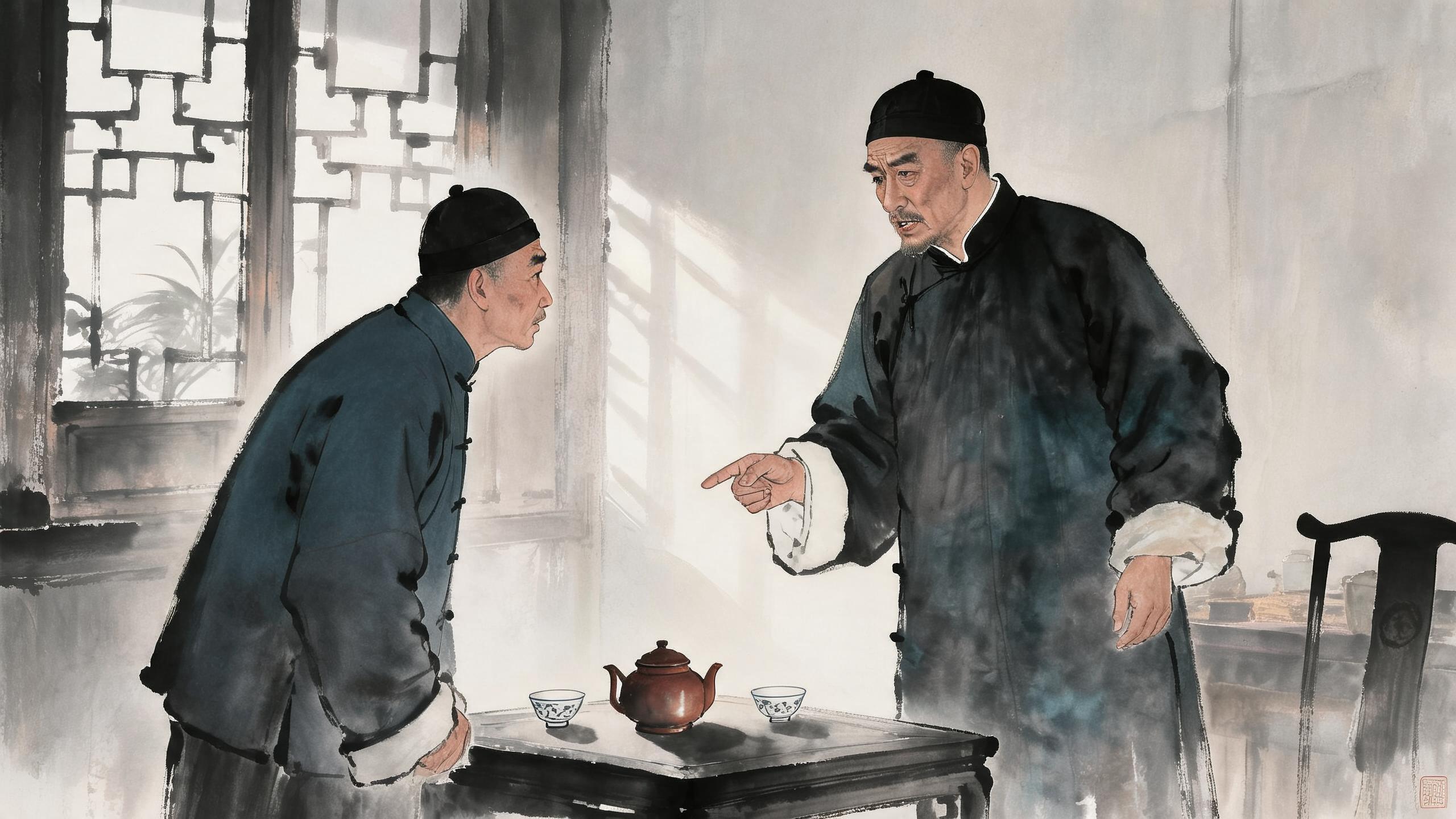参考图1父亲形象,生成以下分镜图片:南京老式旅馆房间内,父亲身穿黑布马褂,面对茶房伸手指点、反复嘱咐,茶房躬身点头。写实水彩,室内柔和光。传统中国水墨画,写意国画风格,淡墨晕染,枯笔线条,水墨留白意境,宣纸质感,墨色层次丰富,清冷素雅色调,仅局部暖色调点缀,雾气朦胧氛围,怀旧电影感,写意工业场景,工笔质感,东方叙事美学,8K 高细节,柔和散射光,冷调光影,传统国画构图
