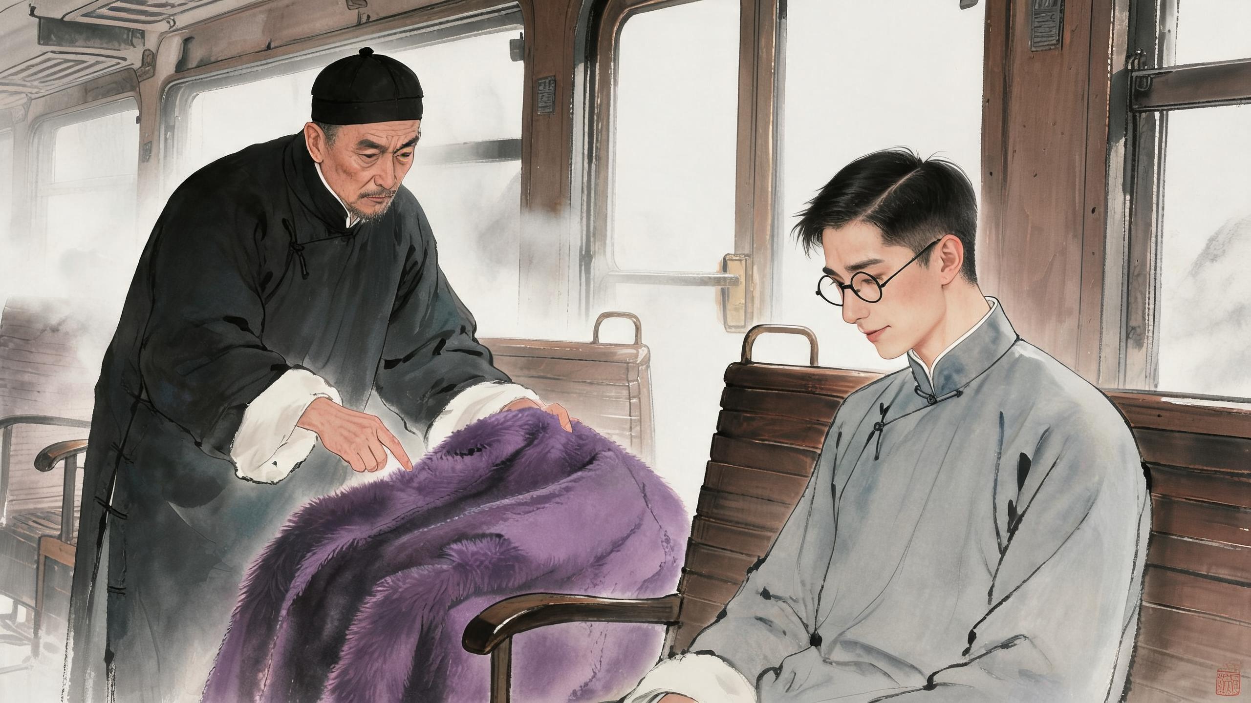 参考图1父亲形象,图2朱自清形象,生成以下分镜图片:火车车厢内,父亲手指靠车门座位,弯腰铺紫毛大衣;朱自清坐旁边低着头,嘴角微扬,眼神带轻蔑暗笑。写实水彩。传统中国水墨画,写意国画风格,淡墨晕染,枯笔线条,水墨留白意境,宣纸质感,墨色层次丰富,清冷素雅色调,仅局部暖色调点缀,雾气朦胧氛围,怀旧电影感,写意工业场景,工笔质感,东方叙事美学,8K 高细节,柔和散射光,冷调光影,传统国画构图