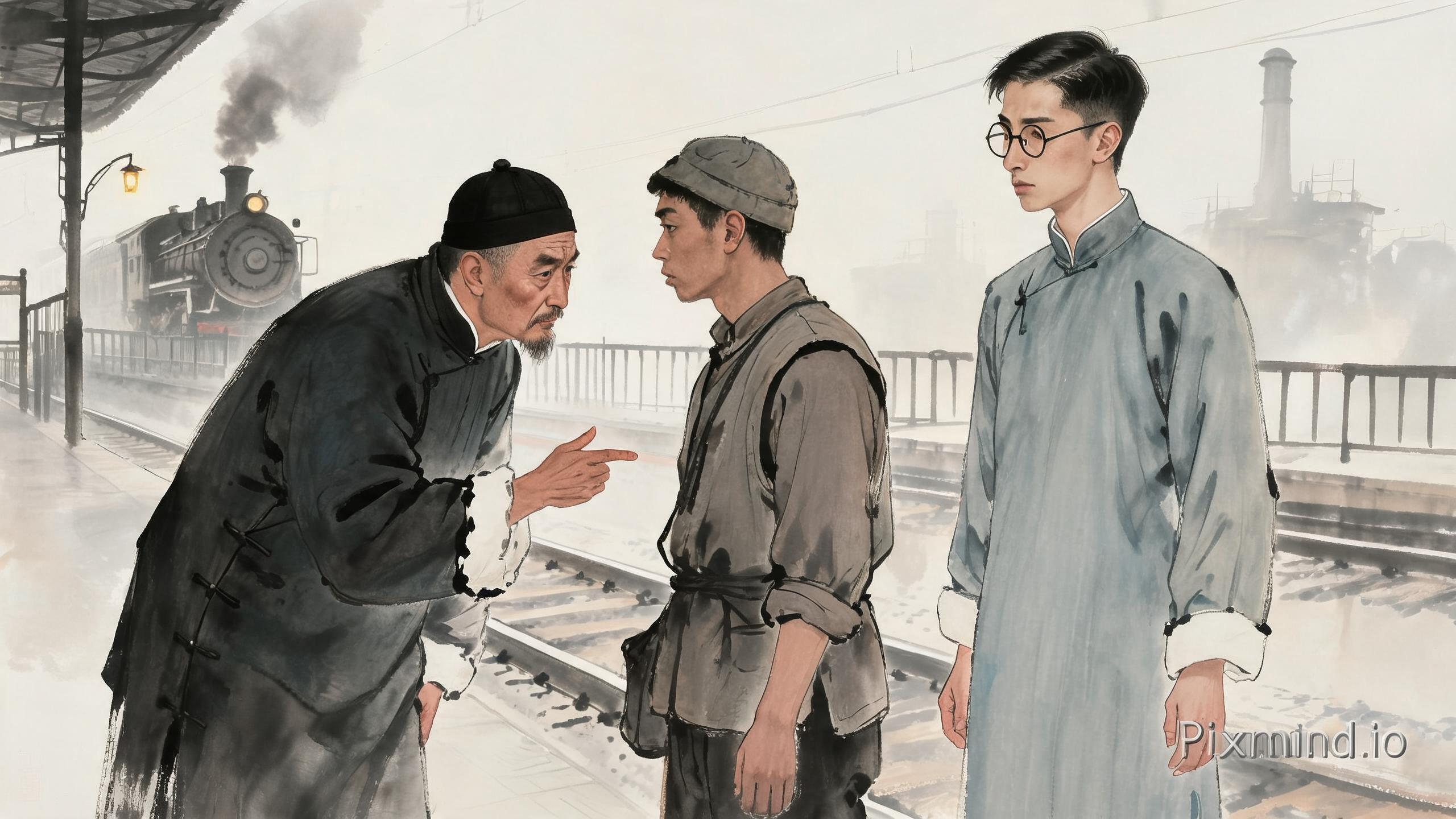 参考图1父亲形象,图2朱自清形象,生成以下分镜图片:老式车站月台,父亲弯腰与脚夫讲价钱,手指比划,表情卑微;朱自清站一旁翻白眼。写实水彩,昏暗光线。传统中国水墨画,写意国画风格,淡墨晕染,枯笔线条,水墨留白意境,宣纸质感,墨色层次丰富,清冷素雅色调,仅局部暖色调点缀,雾气朦胧氛围,怀旧电影感,写意工业场景,工笔质感,东方叙事美学,8K 高细节,柔和散射光,冷调光影,传统国画构图