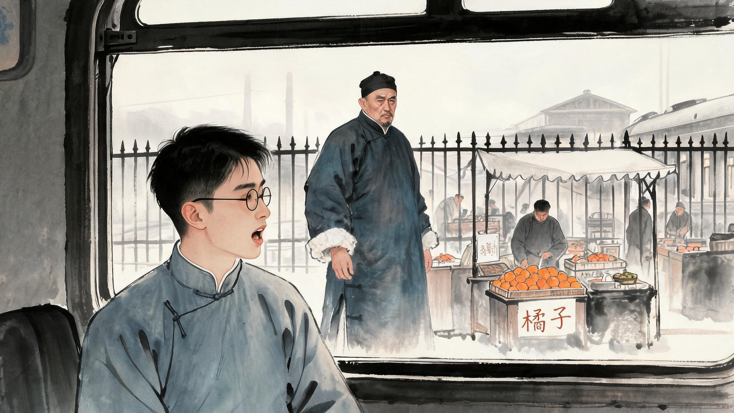 参考图1父亲形象,图2朱自清形象,生成以下分镜图片:朱自清坐火车车窗边,侧头张嘴说话;父亲站月台上向远处望去,栅栏外有几个卖东西的商贩(有买橘子摊位)。车窗框构图,写实水彩。传统中国水墨画,写意国画风格,淡墨晕染,枯笔线条,水墨留白意境,宣纸质感,墨色层次丰富,清冷素雅色调,仅局部暖色调点缀,雾气朦胧氛围,怀旧电影感,写意工业场景,工笔质感,东方叙事美学,8K 高细节,柔和散射光,冷调光影,传统国画构图