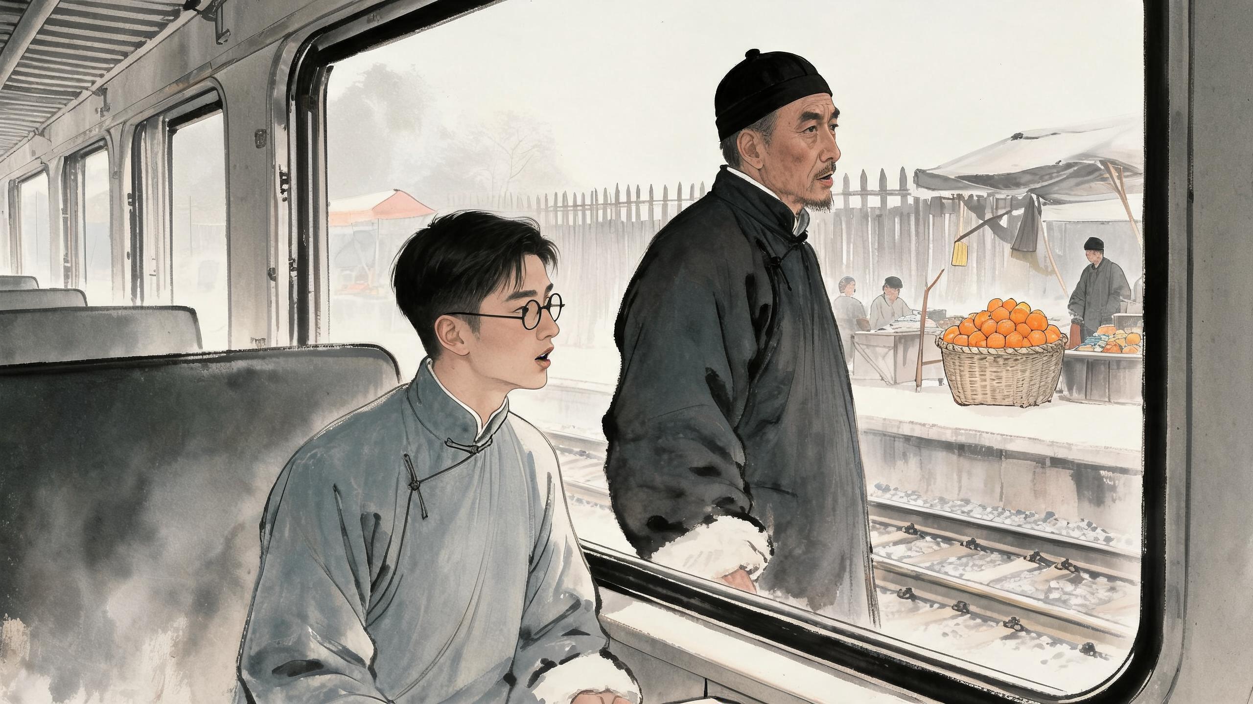 参考图1父亲形象,图2朱自清形象,生成以下分镜图片:朱自清坐火车车窗边,侧头张嘴说话;父亲站在朱自清旁边(火车厢内)向远处望去,铁道对面月台栅栏外有几个卖东西的商贩(有买橘子摊位)。车窗框构图,写实水彩。传统中国水墨画,写意国画风格,淡墨晕染,枯笔线条,水墨留白意境,宣纸质感,墨色层次丰富,清冷素雅色调,仅局部暖色调点缀,雾气朦胧氛围,怀旧电影感,写意工业场景,工笔质感,东方叙事美学,8K 高细节,柔和散射光,冷调光影,传统国画构图