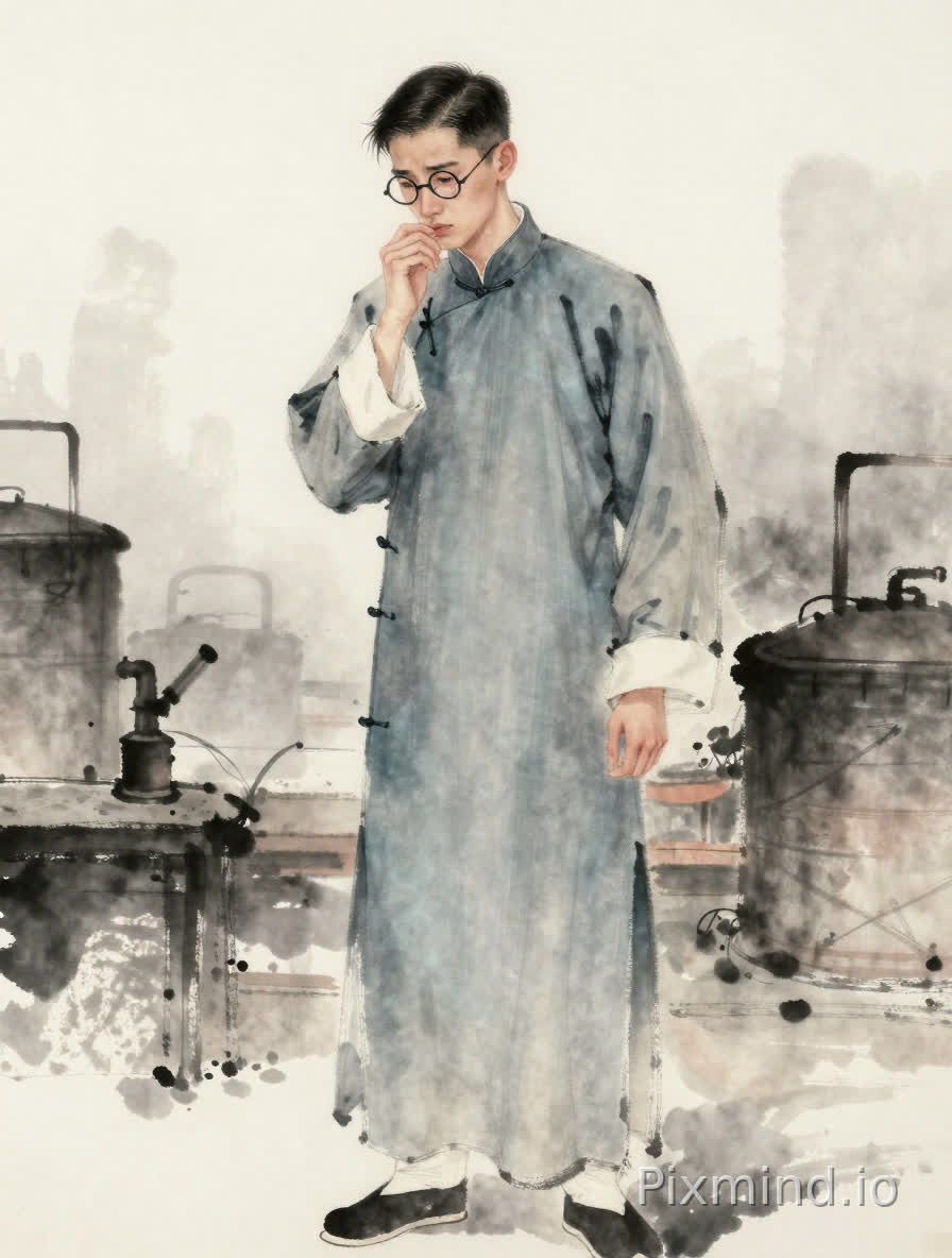 青年男性,约20岁出头,清瘦身材,面容清秀略带书生气。戴一副圆形细框眼镜(民国样式),头发整齐向后梳。身穿一件灰蓝色长衫,脚穿黑色布鞋。整体色调为浅灰、淡青、米色。表情多为沉思、含泪、略带愧疚或感动。动作内敛、文雅。写实水彩风格,民国怀旧,低饱和度,柔和光线,肤色偏白。传统中国水墨画,写意国画风格,淡墨晕染,枯笔线条,水墨留白意境,宣纸质感,墨色层次丰富,清冷素雅色调,仅局部暖色调点缀,雾气朦胧氛围,怀旧电影感,写意工业场景,工笔质感,东方叙事美学,8K 高细节,柔和散射光,冷调光影,传统国画构图