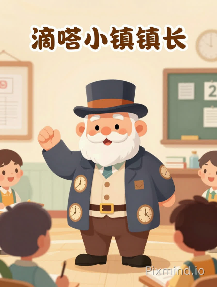 生成一个“滴答小镇镇长”角色,儿童绘本风,童话数学课堂风格,形象和蔼可亲,像一位温柔可爱的老镇长,穿着带有钟表图案的外套,戴着圆圆的小帽子或礼帽,表情亲切、略带着急,适合向孩子们发布任务和表示感谢,整体色调温暖柔和,适合小学二年级数学故事角色。