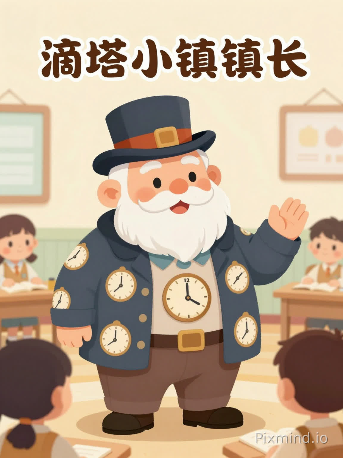生成一个“滴答小镇镇长”角色,儿童绘本风,童话数学课堂风格,形象和蔼可亲,像一位温柔可爱的老镇长,穿着带有钟表图案的外套,戴着圆圆的小帽子或礼帽,表情亲切、略带着急,适合向孩子们发布任务和表示感谢,整体色调温暖柔和,适合小学二年级数学故事角色。