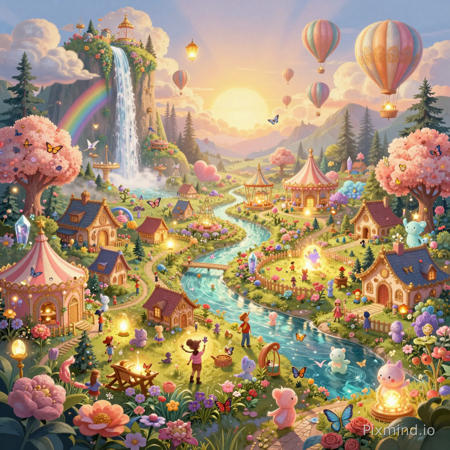 A highly detailed illustration designed for a premium jigsaw puzzle composition, featuring a breathtaking emotional fantasy world themed around joy, healing, warmth, and happiness in a cinematic Western storybook illustration style. The wide-angle composition showcases a magical dreamland overflowing with glowing flower valleys, rainbow waterfalls, floating lanterns, whimsical carnival rides, cozy cottages, sparkling rivers, heart-shaped clouds, blooming gardens, butterflies, ribbons, crystal trees, smiling celestial creatures, hot air balloons, glowing pathways, and magical forests filled with tiny hidden details. Warm golden sunlight shines across the environment, creating layered atmospheric lighting and a comforting emotional mood. The scene is filled with vibrant pastel pink, peach, gold, mint green, lavender, and soft coral tones, with highly intricate decorative textures, cozy fantasy architecture, immersive storytelling elements, magical realism, and countless discoverable objects designed especially for the American jigsaw puzzle market, ultra-detailed, visually rich, collectible, emotionally uplifting, and perfect for a fantasy puzzle.