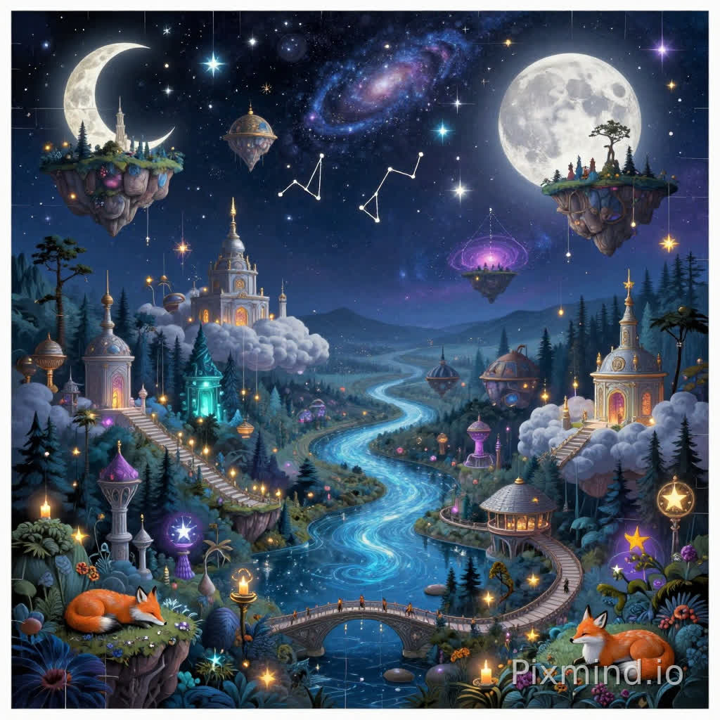 A highly detailed illustration designed for a premium jigsaw puzzle composition, featuring a breathtaking dream fantasy world themed around stars, moonlight, and celestial wonder in a cinematic Western fantasy storybook illustration style. The wide-angle composition showcases a vast magical nightscape filled with glowing crescent moons, floating islands, sparkling constellations, cosmic rivers, luminous forests, moon temples, dreamy cloud stairways, glowing blue lakes, hanging stars, drifting candles, celestial bridges, sleeping foxes and deer, magical observatories, shimmering galaxies, and giant radiant moons illuminating the environment with soft ethereal light. The atmosphere feels peaceful, mysterious, and emotionally comforting, using deep navy blue, indigo, silver, violet, teal, and glowing cyan tones. The entire scene is packed with intricate fantasy architecture, layered environmental storytelling, rich decorative textures, magical lighting effects, countless tiny discoverable details, cozy dreamlike realism, and immersive celestial fantasy elements optimized for the American jigsaw puzzle market, ultra-detailed, collectible, visually mesmerizing, and perfect for a 1000-piece puzzle design.