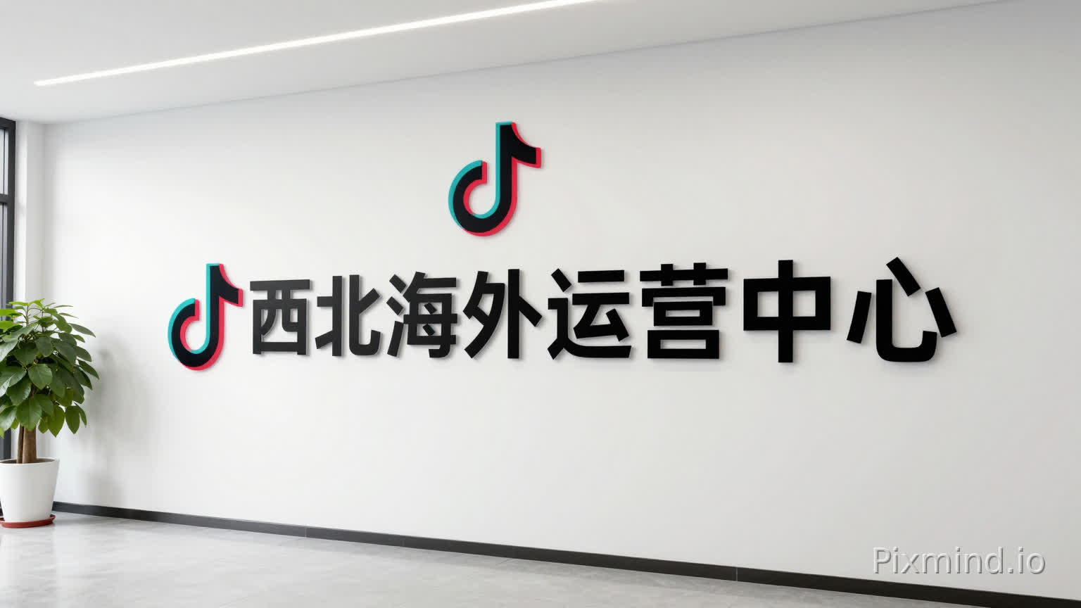 我要生成一个logo墙,文字是亚克力材质,内容“西北海外运营中心“,然后加一个抖音的logo,墙长2.85米,高3米,按照合适比例和布局制作,要求美观,立体,logo放在文字上面,把抖音logo放文字上面