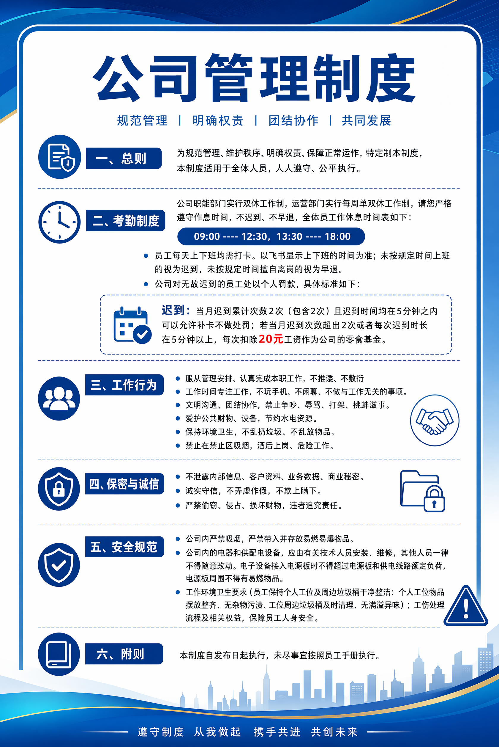 帮我生成一个60X90cm的管理制度的海报,内容为公司管理制度
一、总则
为规范管理、维护秩序、明确权责、保障正常运作,特定制本制度,本制度适用于全体人员,人人遵守、公平执行。
二、考勤制度
公司职能部门实行双休工作制,运营部门实行每周单双休工作制,请您严格遵守作息时间,不迟到、不早退,全体员工作休息时间表如下:
09:00----12:30,13:30----18:00
员工每天上下班均需打卡。以飞书显示上下班的时间为准;未按规定时间上班的视为迟到,未按规定时间擅自离岗的视为早退。公司对无故迟到的员工处以个人罚款,具体标准如下:
迟到:当月迟到累计次数2次(包含2次)且迟到时间均在5分钟之内可以允许补卡不做处罚;若当月迟到次数超出2次或者每次迟到时长在5分钟以上,每次扣除20元工资作为公司的零食基金。
三、工作行为
服从管理安排、认真完成本职工作,不推诿、不敷衍
工作时间专注工作,不玩手机、不闲聊、不做与工作无关的事项。
文明沟通、团结协作,禁止争吵、辱骂、打架、挑衅滋事。
爱护公共财物、设备,节约水电资源。
保持环境卫生,不乱扔垃圾、不乱放物品。
禁止在禁止区吸烟,酒后上岗、危险工作。
四、保密与诚信
不泄露内部信息、客户资料、业务数据、商业秘密。
诚实守信,不弄虚作假、不欺上瞒下。
严禁偷窃、侵占、损坏财物,违者追究责任。
五、安全规范
公司内严禁吸烟,严禁带入并存放易燃易爆物品。
公司内的电器和供配电设备,应由有关技术人员安装、维修,其他人员一律不得随意改动。电子设备接入电源板时不得超过电源板和供电线路额定负荷,电源板周围不得有易燃物品。
工作环境卫生要求(员工保持个人工位及周边垃圾桶干净整洁:个人工位物品摆放整齐、无杂物污渍,工位周边垃圾桶及时清理、无满溢异味);工伤处理流程及相关权益,保障员工人身安全。
六、附则
本制度自发布日起执行,未尽事宜按照员工手册执行。