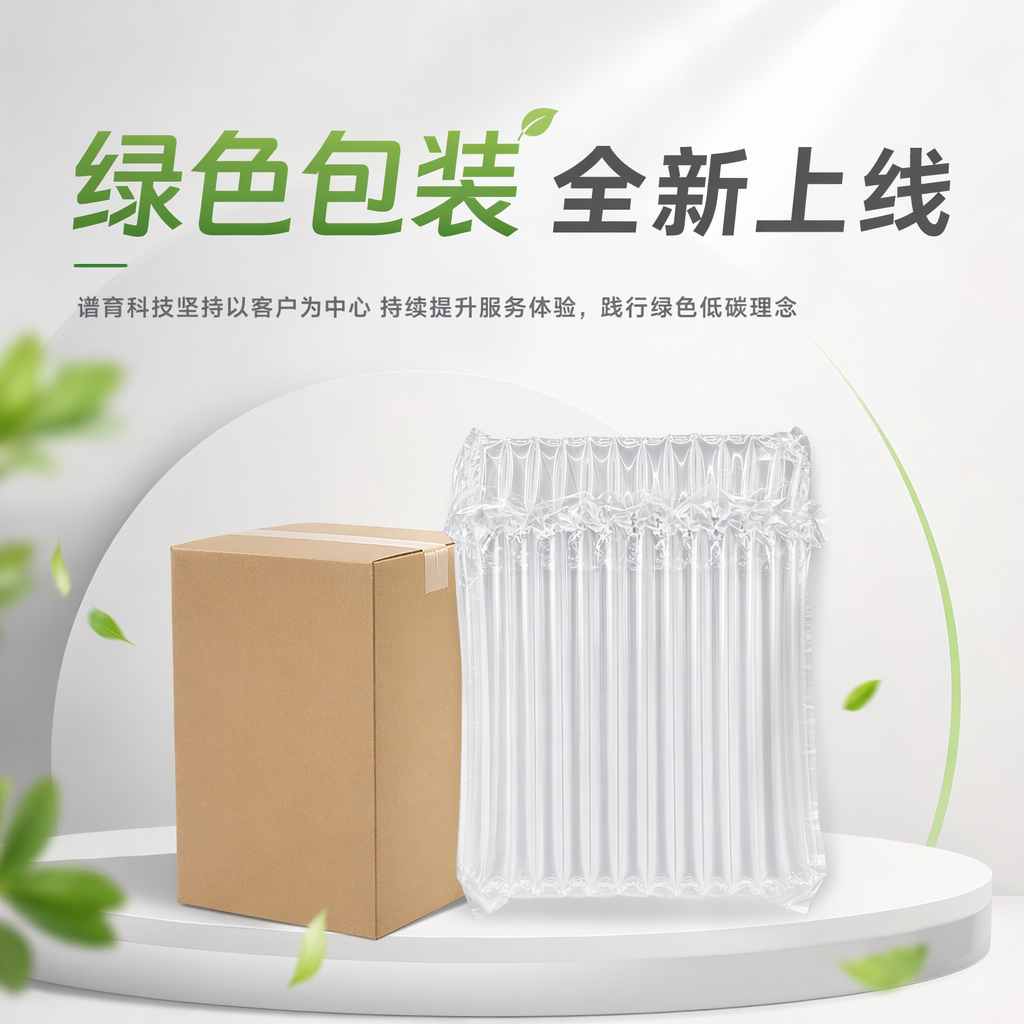 需要做一张海报,主标题是“绿色包装 全新上线”,副标题是“谱育科技坚持以客户为中心 持续提升服务体验,践行绿色低碳理念”画面是浅灰白色系,画面一点点绿色做点缀,画面中有个土黄色的包装盒盒一个白色的气柱袋,主标题突出“绿色包装”,不要出现其他文字,