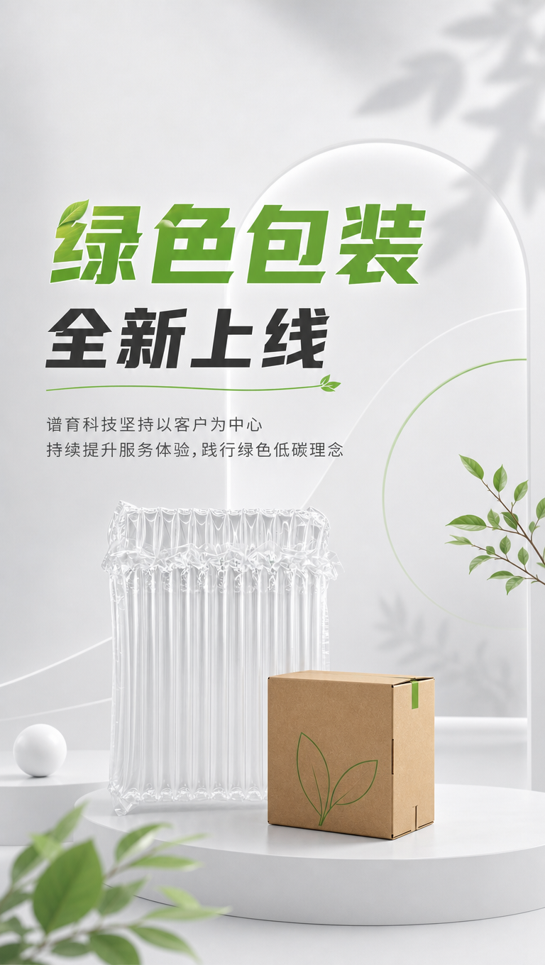 需要做一张海报,主标题是“绿色包装 全新上线”,副标题是“谱育科技坚持以客户为中心 持续提升服务体验,践行绿色低碳理念”画面是浅灰白色系,画面一点点绿色做点缀,画面中有个土黄色的包装盒盒一个白色的气柱袋,盒子不要太大,有前后关系,主标题突出“绿色包装”,不要出现其他文字,