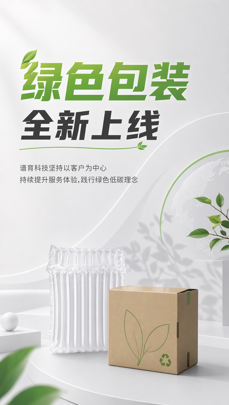 需要做一张海报,主标题是“绿色包装 全新上线”,副标题是“谱育科技坚持以客户为中心 持续提升服务体验,践行绿色低碳理念”画面是浅灰白色系,画面一点点绿色做点缀,画面中有个土黄色的包装盒盒一个白色的气柱袋,盒子盒气柱袋都不要太大,有前后关系,主标题突出“绿色包装”,不要出现其他文字,