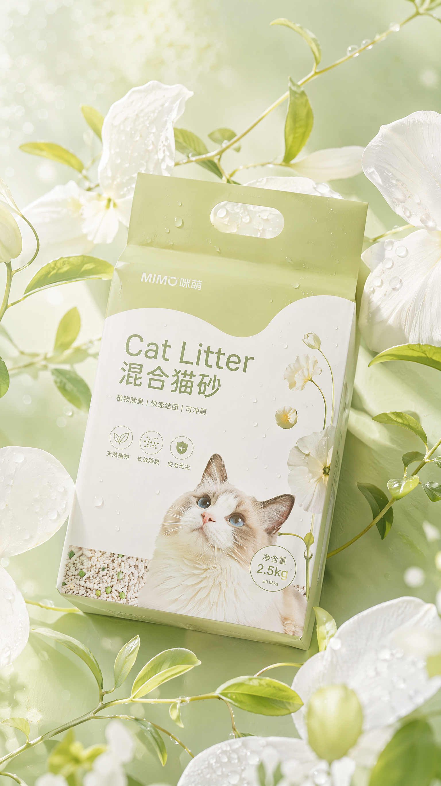 清新 ins 风电商产品海报,主体为 1 包猫砂包装,置于画面中心,被带水珠的白色花瓣与嫩绿色枝叶轻柔环绕,背景是柔和渐变的低饱和浅绿色,整体明亮通透,采用略微俯视的斜角构图,突出产品质感,色调以柔和的黄绿、白为主,风格干净治愈,无多余杂物,营造温柔高级的生活气息。