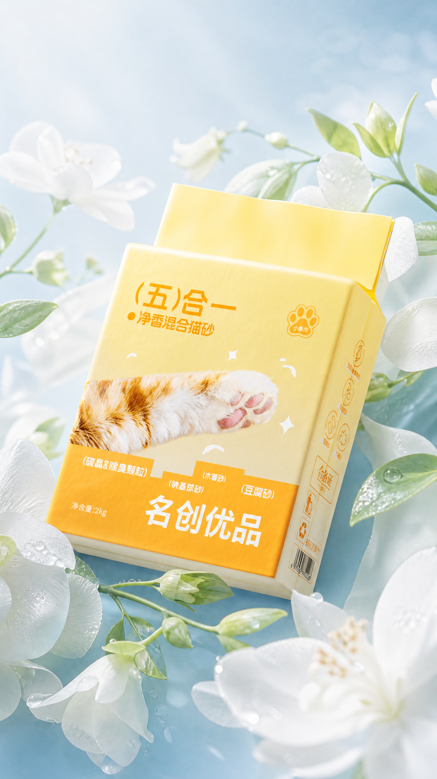 清新 ins 风电商产品海报(图3),主体为 1 包猫砂包装(图1图2),置于画面中心,被带水珠的白色花瓣与嫩绿色枝叶轻柔环绕,背景是柔和渐变的低饱和浅蓝色,整体明亮通透,采用略微俯视的斜角构图,突出产品质感,色调以柔和的蓝、白为主,风格干净治愈,无多余杂物,营造温柔高级的生活气息。