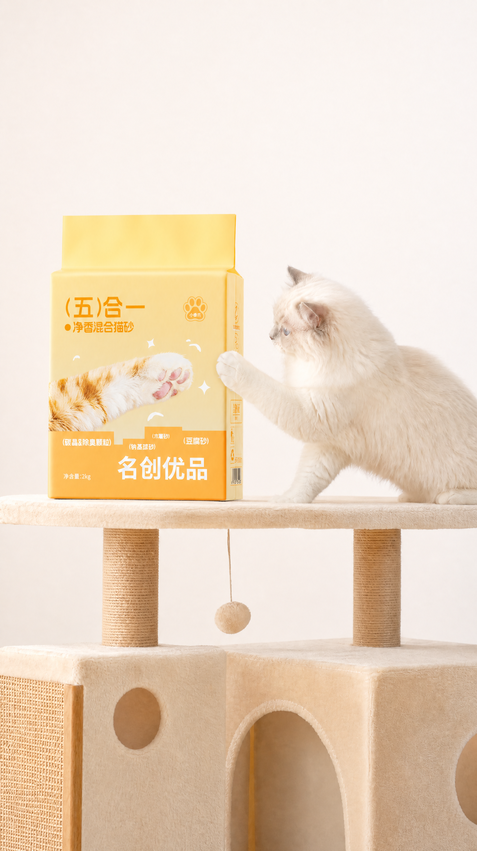 宠物产品摄影(图3)),ins 风,画面主体为米色猫爬架上放置一袋猫砂(图1图2),一只白色布偶猫正爬在米色猫爬架上向猫砂袋伸爪,采用侧前方平视构图,背景为白色纯色墙面,背景不要有阴影,整体色调柔和温暖,光线为自然光侧光,营造出温柔治愈的质感,画面干净简洁,突出猫爬架与猫咪互动的温馨场景。