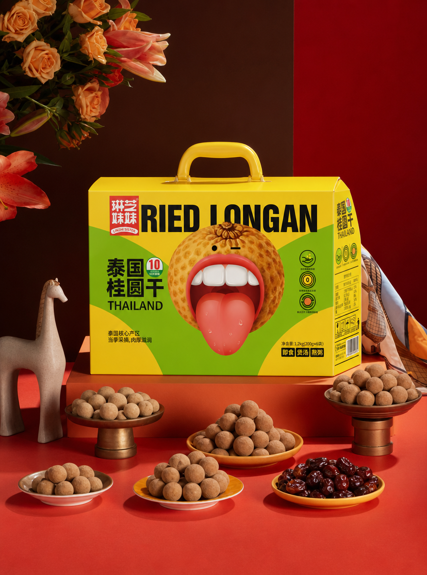 将图1的包装,整体替换为图2的包装盒。图1的所有产品换成桂圆"呈现一款手提礼盒的桂圆样机。 严格按照图2设计图纸的大小比例生立体图,严格保留图2的画面文字以及色彩,构图布局与画面比例。 blender渲染。严格保留每张图原本的背景,光影,角度和摆放方式,输出高清效果 。将图2中的包装盒转换为立体图片,礼盒包装的顶部要加个塑胶把手