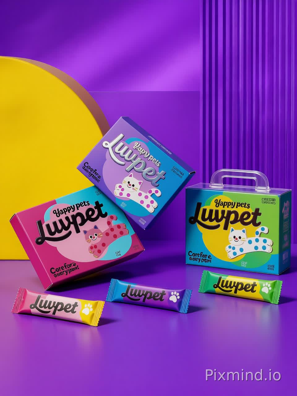 A photorealistic 3D product mockup, similar to a Blender render, showcasing a "Dried Longan" gift box and individual snack bags. The packaging design from the second reference image is accurately applied to the 3D models of the gift box and the snack bags, precisely replicating all text, graphics, and color schemes. The main gift box features a clear plastic handle on its top. The composition, camera angle, lighting, and shadows from the first reference image are strictly maintained. The background consists of vibrant purple striped walls and a yellow curved panel, consistent with the first reference image. High-definition output with sharp details and realistic textures.