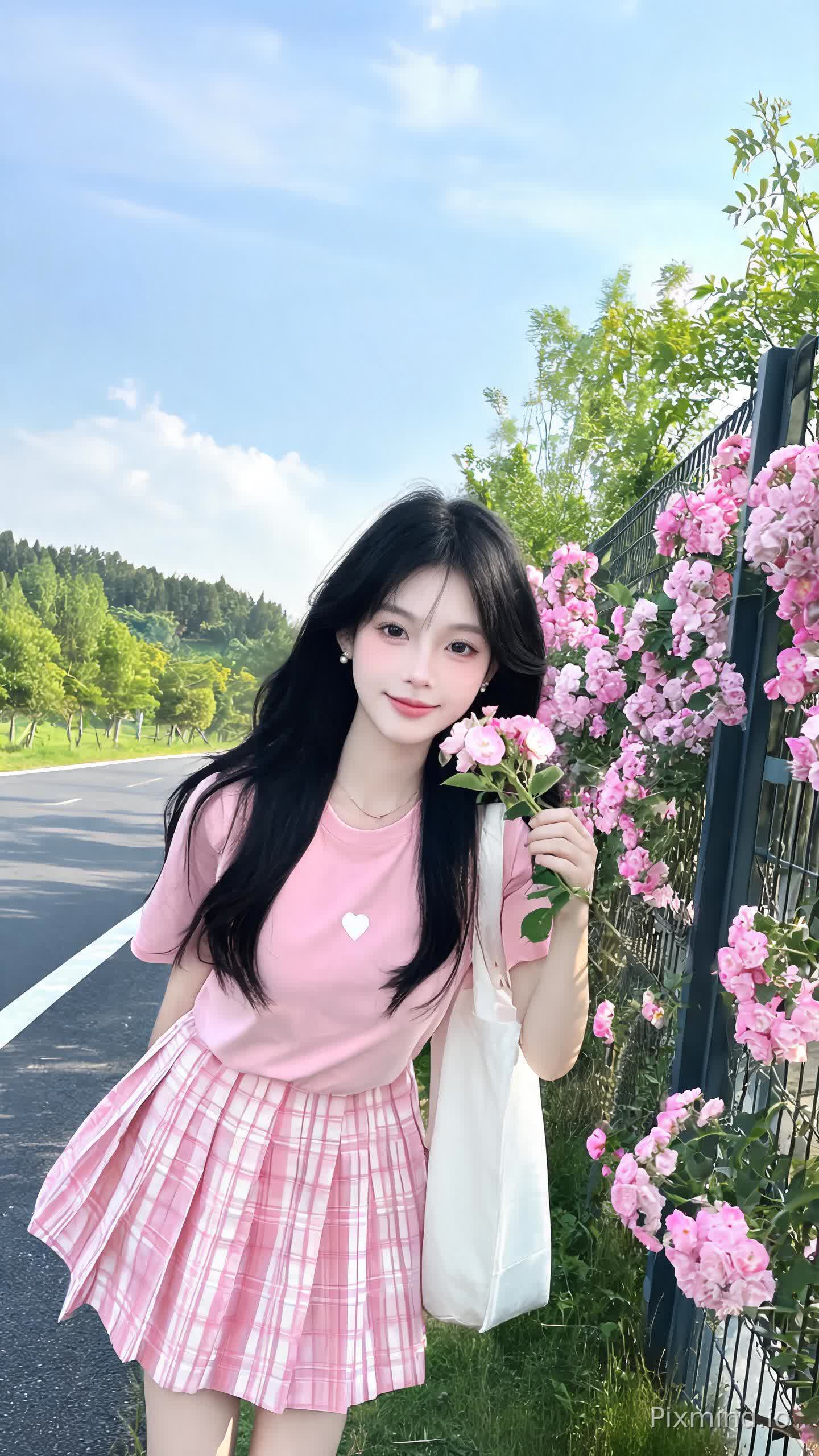 真实摄影,亚洲美少女,身着粉色短袖上衣(带小标志)、格纹下装,背着白色布袋,手持粉色蔷薇花枝;站在开满粉色蔷薇的路边(旁有公路、远处绿植),整体风格清新甜美,充满春日户外的烂漫美感,倾斜构图,妆造精致,饰品精巧,可爱妆造,温柔大方,五官精致,面部清晰,(电影级面光:1.6),(光线追踪:1.5),(冷白皮漫感质感的光滑皮肤:1.7),(人物有最好的骨相:1.2),(网感脸:1.6),身材完美,莫兰迪配色,高颜值网红,INS风,幼态脸,19岁女生尖下巴,三庭五眼比例均衡,身材娇小,细腻陶瓷水嫩肌肤,偏冷白皮,随机的妆容,随机的饰品,随机的动作,侧光,随机角度拍摄,总体有很多的不确定性,但又好看,风格甜美少女系,氛围慵懒俏皮,东方美女,黑长直,年轻娇小,发丝呈现出自然的蓬松感与垂坠感,长发散落于肩头两侧,冷白皮气质美女,纯欲风,沙漏型身材,B cup,皮肤白皙,偶像气质,fairskin,气质的江南美女子,有点甜美,皮肤美白透亮,表情可爱,甜美氛围,细腻笔触,独特韵味的美,可爱表情,双腿纤细笔直修长