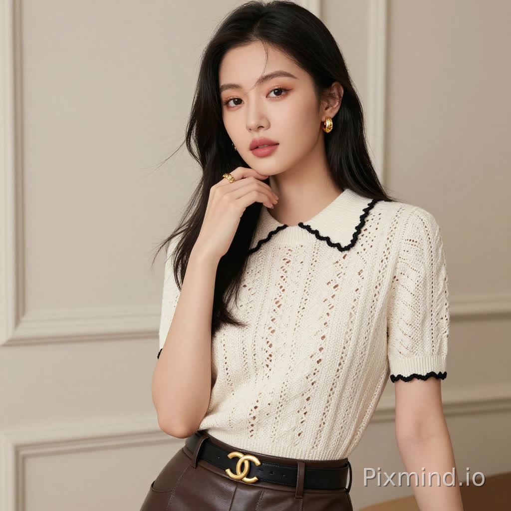 一位年轻优雅的东亚女性
面部精致,妆容自然淡雅(大地色眼影、裸粉色唇膏)
黑色柔顺长发,部分发丝轻拂脸颊,略带慵懒感
眼神温柔专注,望向镜头略偏左
手轻托下巴,姿态优雅知性
服装与配饰:
米白色镂空针织短袖上衣
衣领、袖口、下摆均饰有黑色波浪形蕾丝花边
搭配深棕色皮质高腰裤
黑色皮带配金色双C形金属扣(类似Chanel风格)
左手无名指戴金色纹理戒指
右耳佩戴金色圆形耳环(表面有纹理细节)
场景与氛围:
室内拍摄,背景为浅米色墙面,带有简约线条装饰
高清1k
