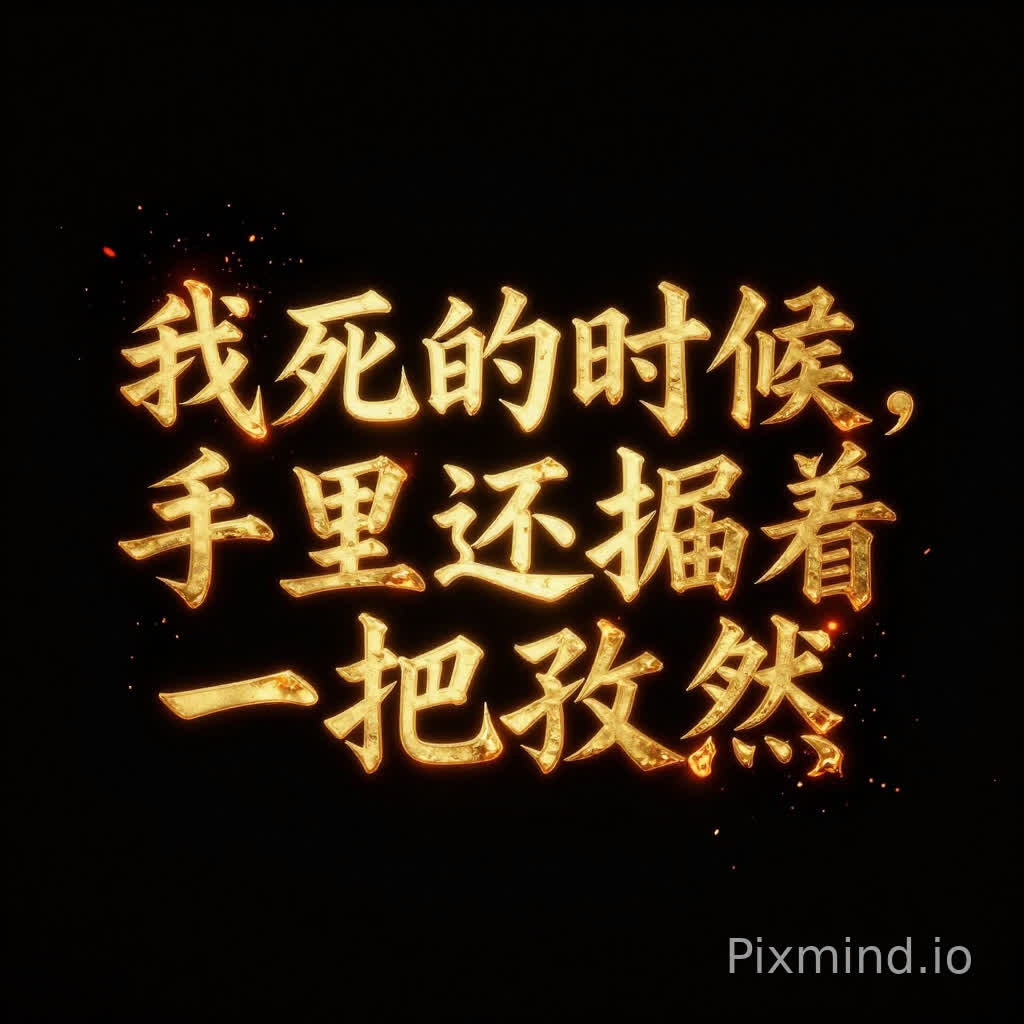 纯黑背景,画面中央一行烫金大字"我死的时候,手里还攥着一把孜然",金色书法字体,边缘有炭火余烬的橙红色火星粒子飘散,字体从中心向外发光,金色光芒有灼烧质感,暗黑氛围,极简构图,电影感,8K高精细度 --ar 9:16 --style chinese-comic-ink
