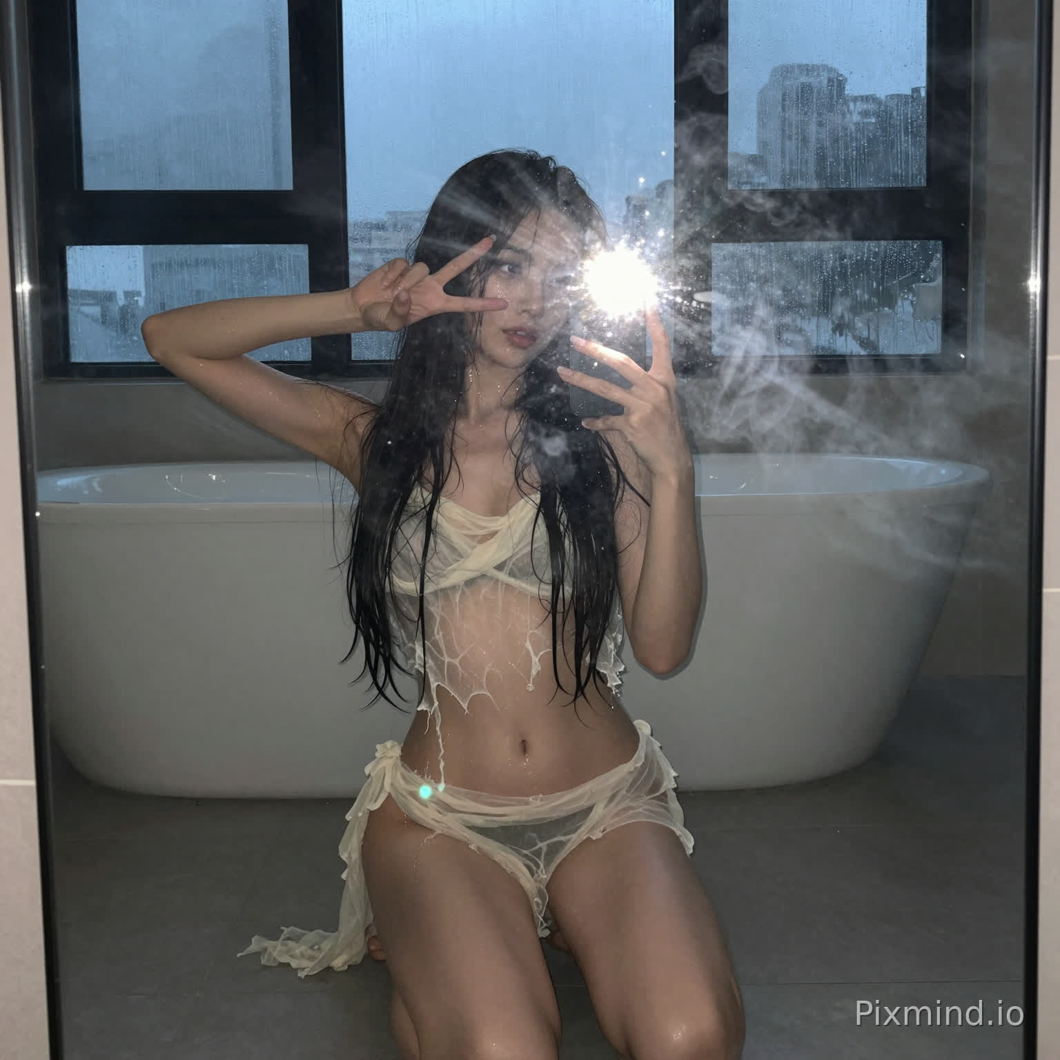 A dreamlike, voyeuristic selfie aesthetic photo. A stunning influencer kneels on the floor of a dimly lit room, in front of a misty full-length mirror with rain-streaked windows behind her. Her long, dripping wet hair and a sheer, tattered gauze scarf cling to her glistening skin. Playfully striking a peace sign near her face, she holds a phone with its flash on, capturing the hazy moment through the reflective glass. The scene is an intimate blend of chaos and quiet elegance—steam from a nearby bath mixes with the harsh, direct light of the flash, casting a grainy, cinematic glow over the mundane yet sensual composition. A slow shutter speed adds soft motion blur, balancing the candid energy with a dreamy atmosphere. The 9:16 vertical frame encapsulates the private, almost-translucent moment between reality and reflection.