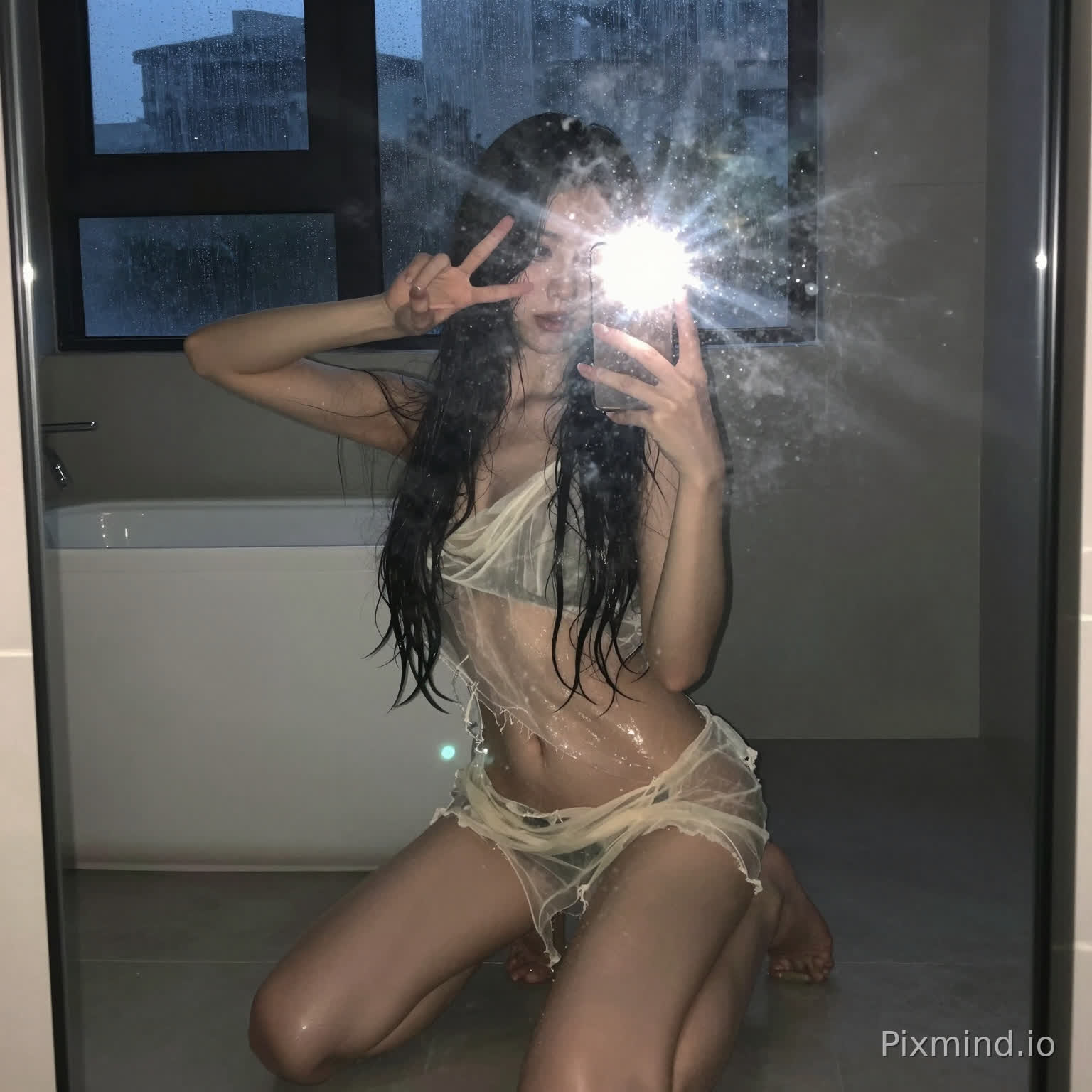 A dreamlike, voyeuristic selfie aesthetic photo. A stunning influencer kneels on the floor of a dimly lit room, in front of a misty full-length mirror with rain-streaked windows behind her. Her long, dripping wet hair and a sheer, tattered gauze scarf cling to her glistening skin. Playfully striking a peace sign near her face, she holds a phone with its flash on, capturing the hazy moment through the reflective glass. The scene is an intimate blend of chaos and quiet elegance—steam from a nearby bath mixes with the harsh, direct light of the flash, casting a grainy, cinematic glow over the mundane yet sensual composition. A slow shutter speed adds soft motion blur, balancing the candid energy with a dreamy atmosphere. The 9:16 vertical frame encapsulates the private, almost-translucent moment between reality and reflection.