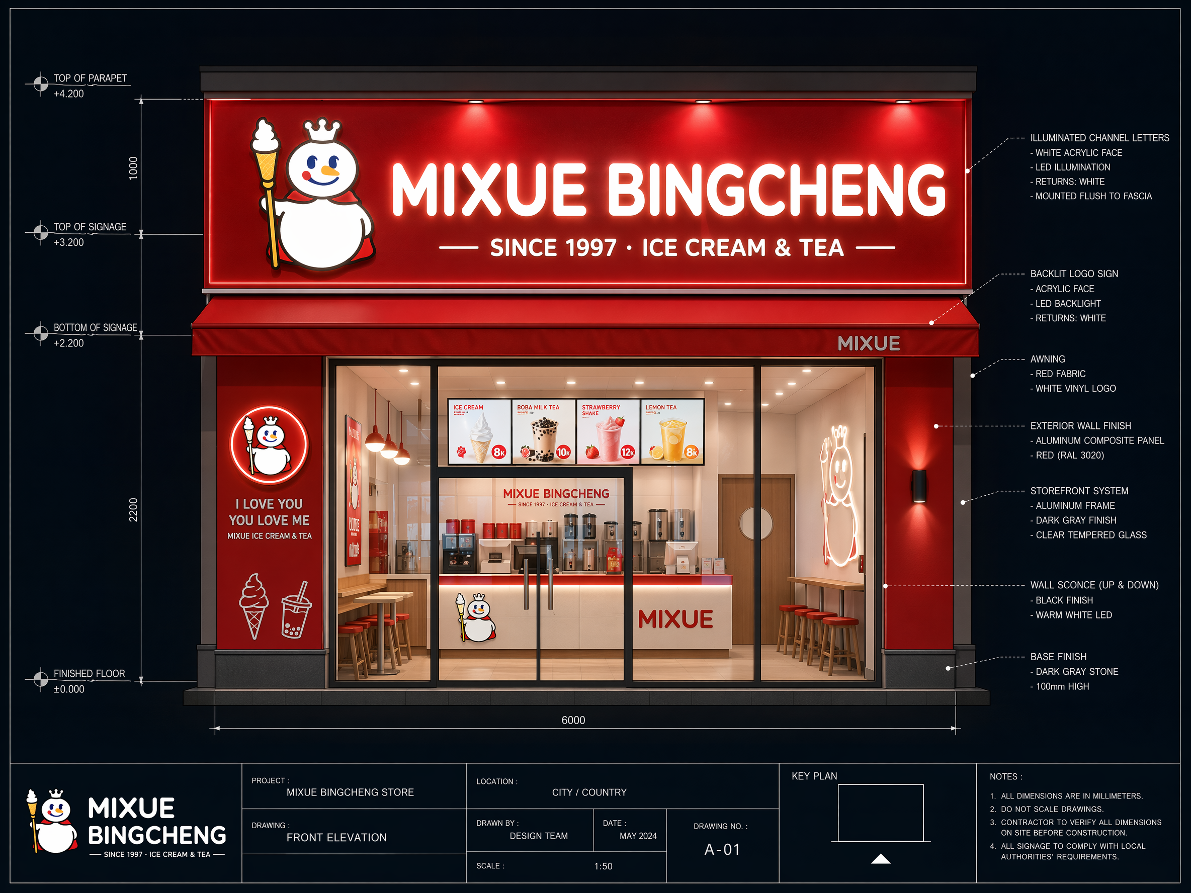 A detailed architectural elevation drawing of a Mixue Bingcheng (Snow King) storefront at night, with glowing letters, in a flat, two-dimensional plan view style. The design should be modern and clean, showcasing the brand's iconic snow king logo and red and white color scheme. The glowing letters for "Mixue Bingcheng" should be prominent and well-rendered. Architectural drawing style, vector art, high detail.