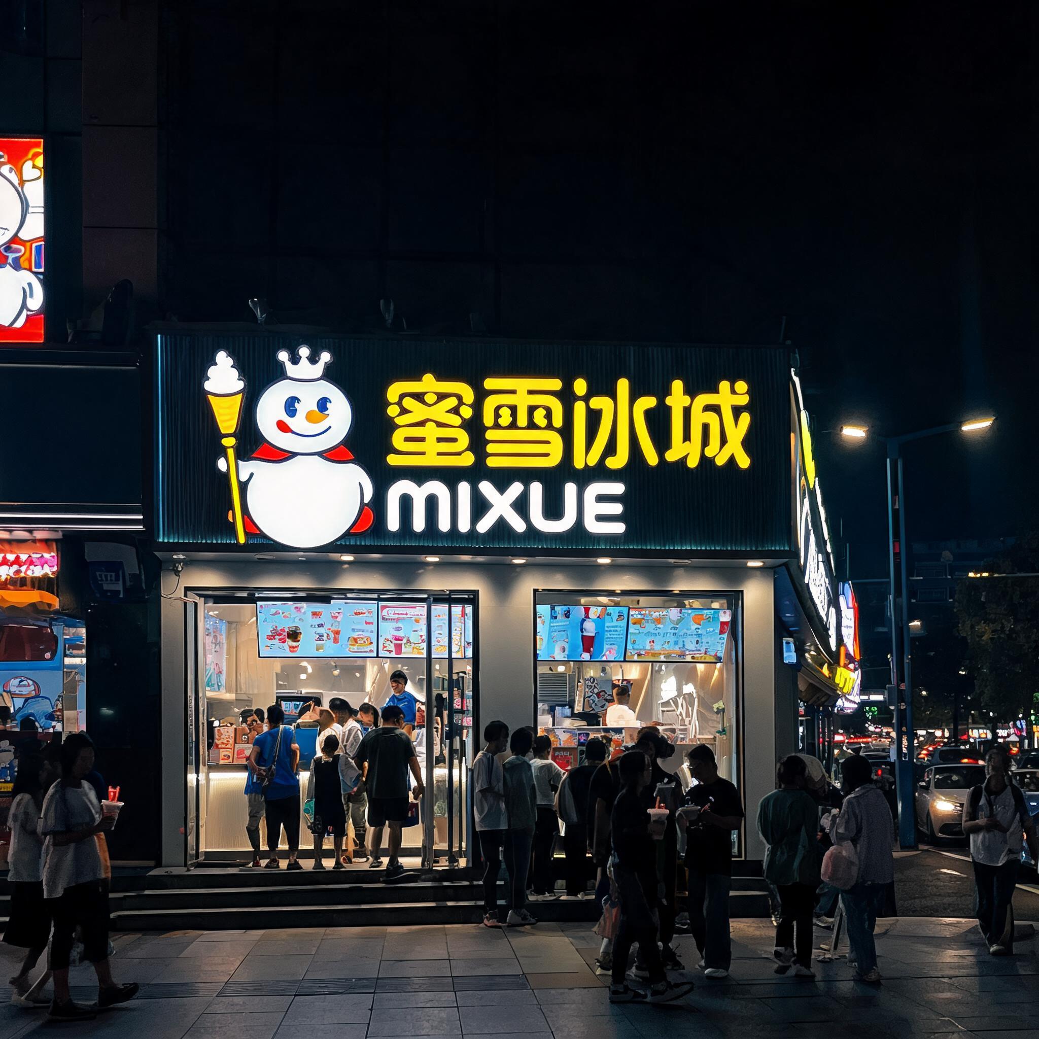 A photorealistic image of a Mixue Bingcheng (Snow King) storefront at night, with the store's characters glowing brightly. The scene should capture the bustling atmosphere of a city night.
