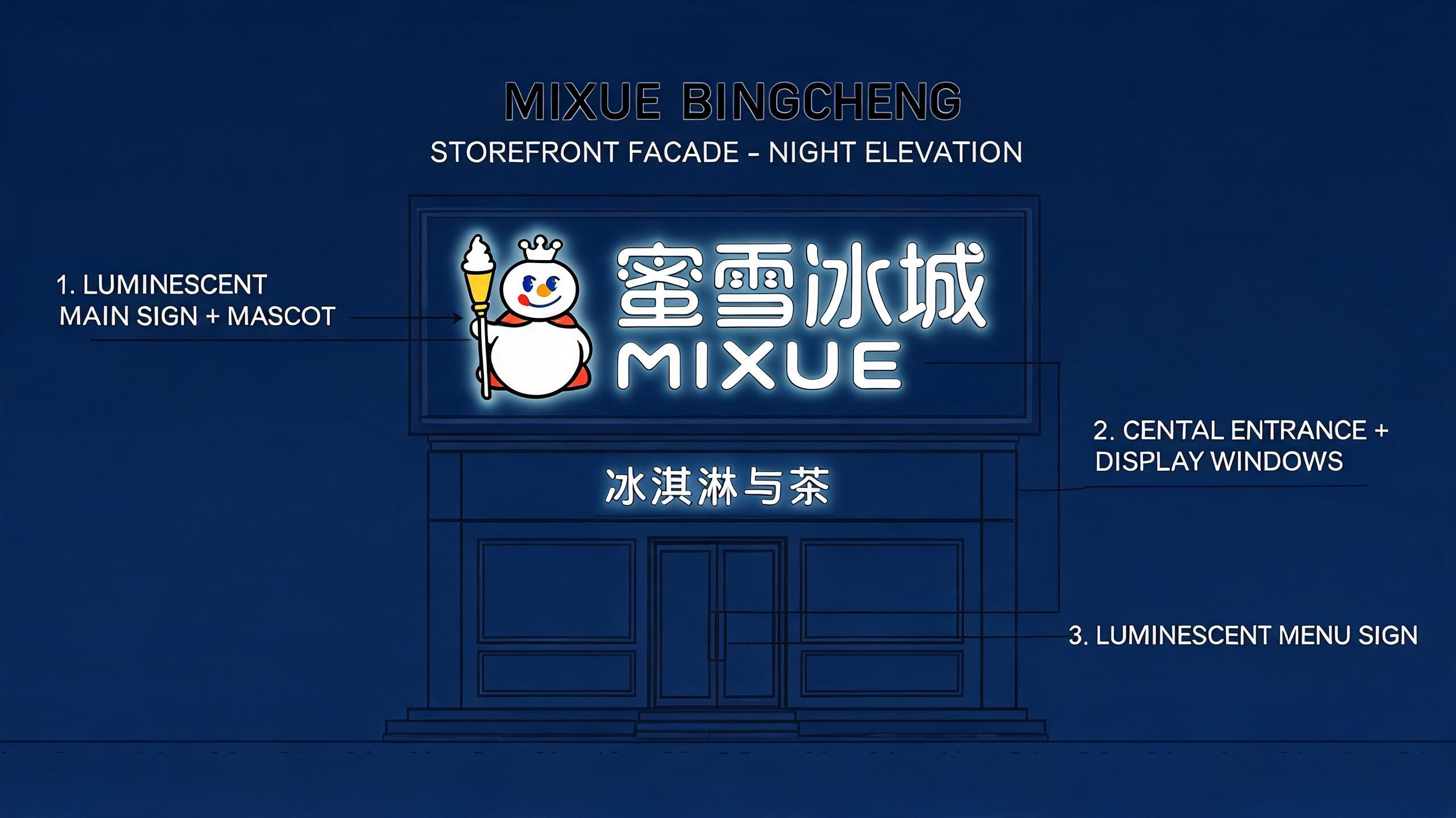 A detailed architectural elevation drawing of a Mixue Bingcheng (Snow King) storefront at night. The drawing should feature the glowing signs prominently. The style is a precise 2D flat plan, showcasing the facade with clean lines, accurate proportions, and a minimalist color palette, typical of an architectural blueprint or concept art. Include subtle indications of the night setting through deep background tones and the luminescent quality of the signs. No photorealism, focus on schematic representation.