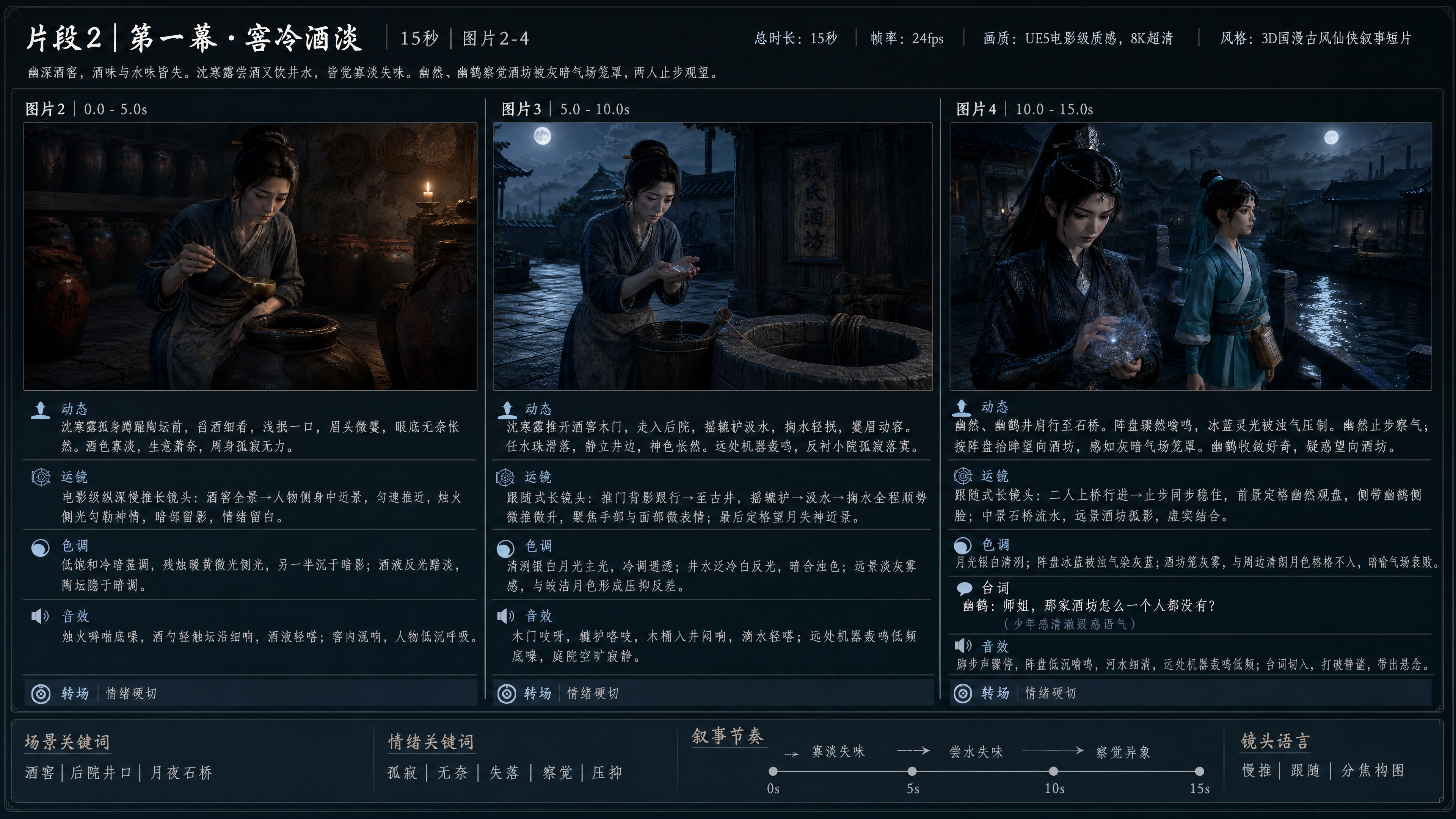 直接生成一张完整详细16:9的中文故事板图片,15S。
请生成一张高质量、专业影视预制作风格的故事板设定图,整体形式类似电影导演分镜板、短片提案板、AI视频预制作概念板。
画面为横版,4K超清,信息丰富,排版清晰,文字矢量化高清,设计感高级,图文结合,整体像一张专业的影视开发案故事板。
片段2|第一幕·窖冷酒淡|15秒|图片2-4
基础参数
总时长:15秒
比例:16:9
帧率:24fps
画质:UE5电影级质感,8K超清,全局体积光+空间薄雾氛围,真实光影追踪,0.5秒电影级动态模糊,贝塞尔丝滑缓动运镜,暗部层次拉满、氛围感电影调色
风格:3D国漫古风仙侠叙事短片质感,纯卡通渲染,线条克制高级,全程剧情情绪流动、镜头叙事连贯,无呆板PPT定格感;3D角色统一动画建模脸,肤质平滑如玉塑,无真人毛孔、无写实质感、无真人皮肉纹理;严禁真人写实脸、现代杂物、恐怖血腥;无水印、无画面边角遮挡
全局固定人物
沈寒露——中年女性,四十三岁。乌黑长发挽髻,松木素发簪。素蓝粗布麻衣,腰间系陈旧米浆围裙,布面布满经年酒渍、水痕与岁月斑驳感。面容清秀憔悴,眼下青黑浓重,神色压着隐忍、疲惫与无力感;双手粗粝带薄茧,浸水生纹明显。3D国漫专属建模,情绪神态细腻有故事感。
幽然——成年女性,清冷凌厉气场。黑发高束马尾,银质奇门阵纹发冠。黑色修身道袍肩覆鳞纹暗绣,黑宽腰带束身,腰悬圆形天机阵盘,自带冰蓝弱光呼吸律动。神态沉静敏锐,自带察气观局的清冷感。
幽鹤——中性风少年感少女,小巧鹅蛋脸。丸子头配青蓝发带,额间银链坠蓝宝石。青绿色短打道袍,衣摆暗云纹,腰挂方形符咒匣带烫金隐纹。灵动懵懂,稚气未脱,对人间风物充满好奇。
---
时间轴分镜 (删除无效冗余动作、全程剧情连贯、情绪递进、镜头电影叙事、无PPT卡顿感)
图片2|0.0 - 5.0s
动态:
幽深密闭老酒窖,环境昏暗沉郁,仅有一隅残烛孤火微弱跳动,光影摇曳不定。
沈寒露孤身蹲踞陶坛前,神情落寞疲惫,抬手持黄铜酒勺探入开封酒坛,缓缓舀起酒液,凑近烛火映光细看。
酒液色泽寡淡稀薄,全无陈年好酒的琥珀质感,透着一股衰败寡味。她垂眸浅抿一口,眉头下意识微蹙,眼底掠过深深无奈与怅然,周身被孤寂无力感笼罩。
身后成排陶坛层层堆叠,静默林立在幽暗窖中,无声烘托生意萧条、积压落寞的压抑氛围,人物情绪与环境氛围深度相融。
运镜:
电影级纵深慢推长镜头。起幅酒窖全景带入空间压抑感,定格孤身蹲坐的人物与满窖陶坛;镜头匀速丝滑向前推近,自然落至人物侧身中近景,借烛火侧光勾勒憔悴神情,暗部留影、情绪留白,全程连贯无生硬切停。
色调:
低饱和冷暗基调,仅残烛暖黄微光作为唯一光源,侧面打亮人物半张面容,另一半沉于暗影;酒液反光黯淡,陶坛隐于朦胧暗调,整体孤寂、萧索、压抑感拉满。
画面文字:无
台词:无
音效:
烛火细微噼啪底噪,酒勺轻触坛沿细碎脆响,酒液缓落轻嗒声;密闭窖内空间混响明显,衬以人物低沉微缓的呼吸声,空寂冷清。
转场:情绪硬切
---
图片3|5.0 - 10.0s
动态:
沈寒露心神沉沉推开酒窖木门,步履缓滞走入静夜后院。满地银白月光铺洒青石板,清冷静谧。
她缓步行至古井旁,抬手摇动辘轳,待木桶沉井汲水,抬手掬起一捧井水近身。唇畔轻抿,瞬间蹙眉动容——井水看似清冽,滋味却日渐寡淡失味,暗含浊气侵染的滞涩感。
她垂落掌心,任由水珠从指缝滑落,静静伫立井边,神色怅然失神。身后斑驳褪色的「钱氏酒坊」木匾静默悬立,远处隐约传来持续机器轰鸣,反衬小院深夜的孤寂与落寞。
运镜:
跟随式叙事长镜头,动线丝滑连贯无断点。从推门背影自然跟行至古井,摇辘轳、汲水、掬水全程镜头顺势微推微升,聚焦手部动作与面部微表情;最后定格人物望月失神近景,月光冷光衬显眼下青黑与憔悴倦容。
色调:
清冽银白月光为主光源,冷调干净通透;井水泛月光冷白反光,暗含灰蒙蒙浊色肌理;远景蒙一层淡灰雾感,与皎洁月色形成压抑反差,烘托世事渐衰的无力感。
画面文字:无
台词:无
音效:
木门吱呀缓响,辘轳转动咯吱声,木桶入井闷响,指缝滴水轻嗒;远处机器轰鸣作持续低频底噪,衬得庭院愈发空旷寂静。
转场:情绪硬切
---
图片4|10.0 - 15.0s
动态:
月夜石桥静谧清幽,幽然、幽鹤并肩缓步穿行。幽鹤天性灵动,沿路左右张望,满眼好奇打量水乡夜色;幽然神色清冷沉稳,步履从容,下意识观览周遭气场。
骤然腰间天机阵盘自发起低沉嗡鸣,原本平稳的冰蓝灵光被晦暗浊气压制,光色浑浊蒙雾、忽明忽暗紊乱震颤。
幽然即刻止步凝神,垂眸轻按阵盘感应气场,顺着灵气感应抬眸远眺酒坊方向,敏锐察觉整片区域被无形灰暗气场所笼罩,冷清萧瑟、灵气衰败。
幽鹤见师姐止步神色凝重,当即收敛好奇,顺着目光望向酒坊,神情从懵懂转为疑惑安静,两人静立石桥,望向月下酒坊孤寂背影,氛围感瞬间沉下来。
运镜:
剧情分焦构图长镜头,连贯不割裂。跟随二人上桥自然行进,止步瞬间镜头同步稳住,前景定格幽然观盘察气的清冷神态,侧方带入幽鹤疑惑侧脸;中景石桥流水、远景酒坊孤影层次分明,虚实结合,电影感叙事拉满,无呆板摆拍感。
色调:
满月银白光铺满石桥河道,清冽干净;阵盘冰蓝灵光被浊气染成灰蓝浑浊,形成强烈冷暖视觉冲突;酒坊区域笼着一层淡灰暗雾,与周边清朗月色格格不入,暗喻气场衰败、气运受滞。
画面文字:无
台词:
幽鹤:师姐,那家酒坊怎么一个人都没有?
(少年感清澈疑惑语气,自然贴合情绪节奏)
音效:
石桥石板轻脚步声,骤停后只剩阵盘低沉持续嗡鸣,河水细淌浅声,远处机器低频轰鸣衬底;台词适时切入,打破静谧、带出剧情悬念。
转场:情绪硬切