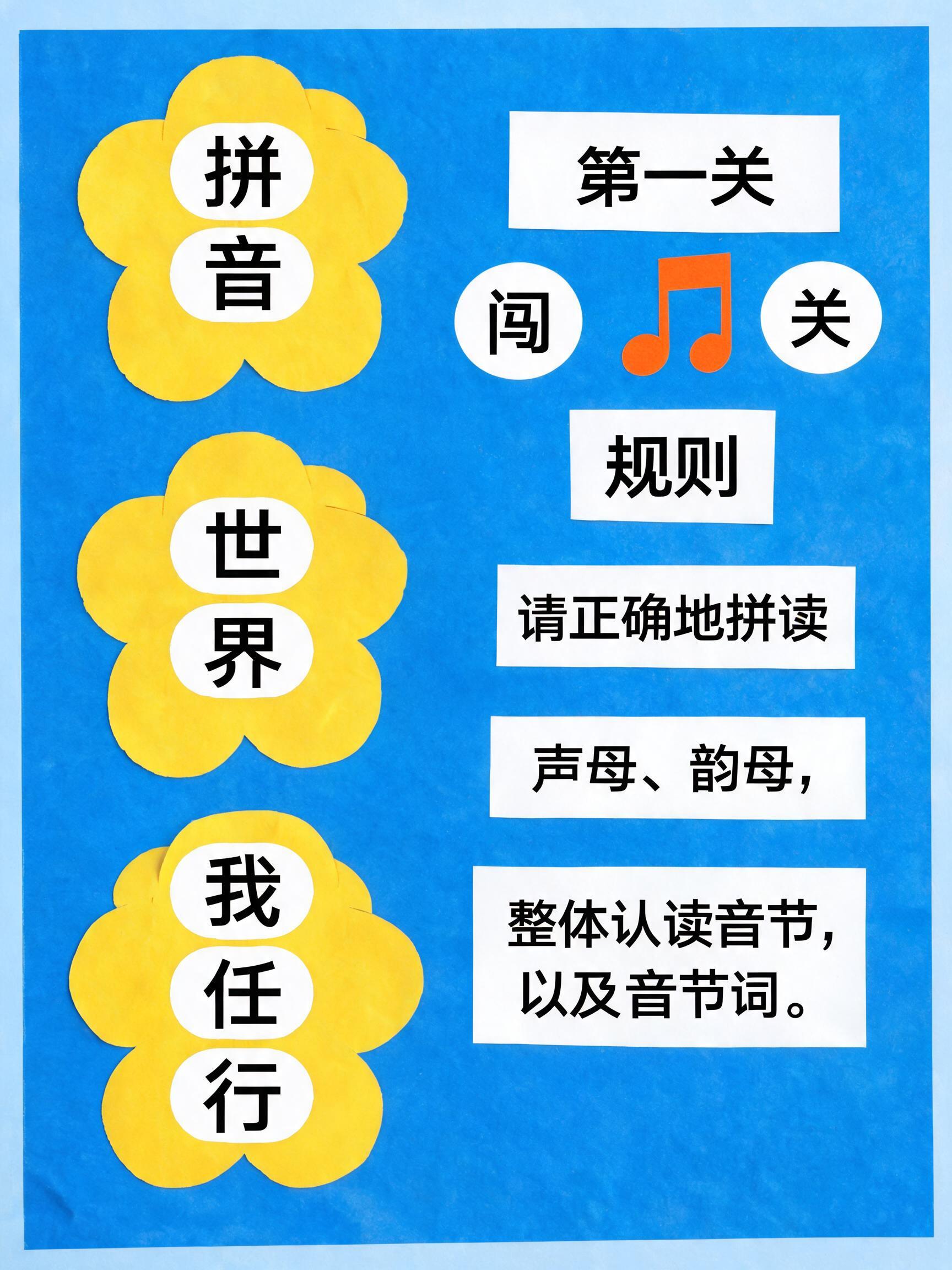 A high-quality, printable image for a school bulletin board. The central element is a vibrant blue rectangular background. On the left side, there are three distinct yellow abstract flower-like shapes, arranged vertically. Overlaid on these yellow shapes are white, slightly irregular oval or rectangular cutouts, each containing a single, bold, black Chinese character. From top to bottom, these characters spell out "拼", "音", "世", "界", "我", "任", "行". On the right side of the blue board, there are white rectangular labels with bold, clean black Chinese characters. At the very top, a longer label says "第一关". Below this, two separate white oval labels display "闯" and "关" respectively, forming "闯关". An orange musical eighth note graphic is positioned between the "闯" and "关" labels. Beneath the "关" label, another white rectangle states "规则". Further down on the blue board, there are three additional white rectangular text boxes containing standard, clear black Chinese text. The first reads "请正确地拼读", the second "声母、韵母,", and the third "整体认读音节, 以及音节词。". The overall style is bright, educational, and clean, with a slight texture suggesting paper cutouts, suitable for a classroom environment, with clear, even lighting and legible typography. The image should be visually appealing and ready for high-quality printing.