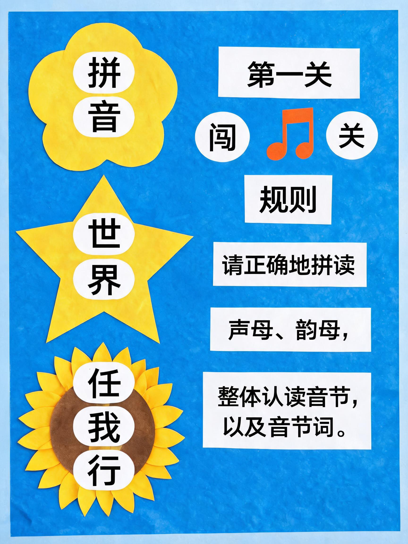 A vibrant and clear educational poster for Pinyin learning, suitable for printing. The background is a bright blue. On the right side, at the top, the Chinese characters '第一关' (First Level) are large, bold, and highly prominent, standing out clearly. Below this, the text '闯关' (Challenge) and '规则' (Rules) are presented, separated by a cheerful orange musical note graphic. Underneath these, the instructional text reads: '请正确地拼读 声母、韵母、整体认读音节、以及音节词。' (Please correctly Pinyin read initials, finals, overall recognized syllables, and syllable words). On the left side, arranged vertically, are the Chinese characters '拼音世界我任行' (Pinyin World, I go where I want). Each character or character pair is placed on a unique, distinct, and playful graphic element. These elements should not be identical yellow flower shapes; instead, they should vary in design, perhaps one is a different flower type, another a cloud, and another an abstract but friendly shape, all in vibrant yellow or complementary colors. The overall style is educational, child-friendly, clear, and high-resolution, perfect for printing. Chinese text, educational content, bright colors, clear fonts.