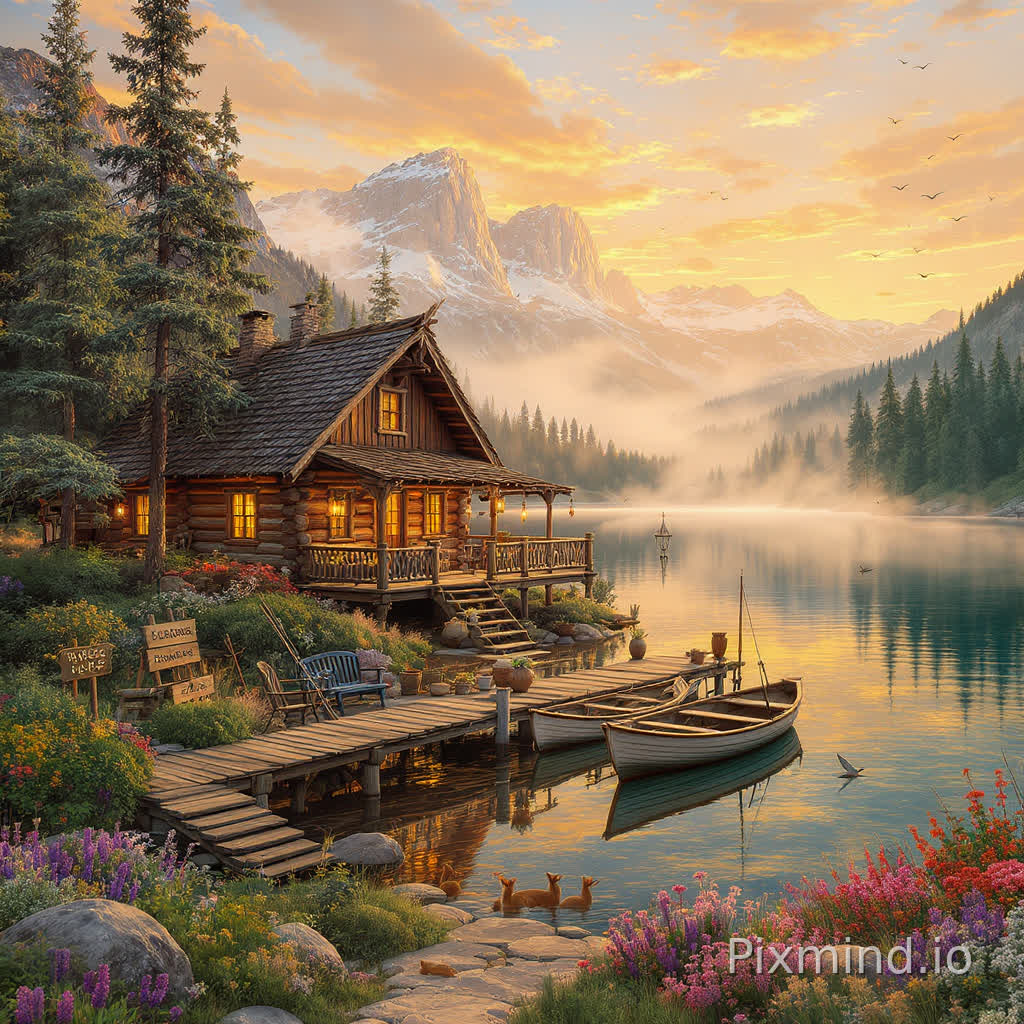A peaceful lakeside cabin at sunrise in a highly detailed cinematic Western storybook illustration style, ultra-wide-angle composition, richly layered natural environment designed especially for a premium jigsaw puzzle, every area filled with unique textures, cozy wilderness details, and immersive environmental storytelling; scene description: a charming wooden cabin nestled beside a calm reflective mountain lake surrounded by towering pine forests, colorful wildflower meadows, and distant misty mountains glowing beneath the first golden light of dawn, with warm sunrise rays slowly spreading across the landscape and filtering gently through tall evergreen trees; soft morning mist drifts across the water while small rowing boats rest quietly beside a weathered wooden dock decorated with lanterns, fishing rods, tackle boxes, ropes, stacked firewood, flower pots, and rustic outdoor furniture; winding stone pathways lead through blooming flowers, tall grasses, and moss-covered rocks around the cabin, while deer wander peacefully near the shoreline and birds fly through the brightening sky reflected beautifully in the still lake water; additional hidden details such as hanging wind chimes, steaming coffee mugs, scattered books, picnic baskets, wooden signs, boots by the doorway, vintage camping gear, tiny squirrels, and glowing cabin windows create rich visual discovery throughout the scene for satisfying puzzle assembly; atmosphere is tranquil, nostalgic, emotionally comforting, and deeply immersive, combining cozy wilderness aesthetics with cinematic sunrise lighting and layered natural textures; color palette centered around warm golden yellow, peach, soft orange, sage green, pine green, earthy brown, and clear sky blue tones, enhanced by glowing atmospheric light and gentle morning shadows; ultra-detailed hand-painted illustration, highly intricate composition, no empty spaces, authentic rustic Americana aesthetic, collectible puzzle artwork, masterpiece, 8k resolution, no text, no watermark, no AI artifacts, no repetitive patterns